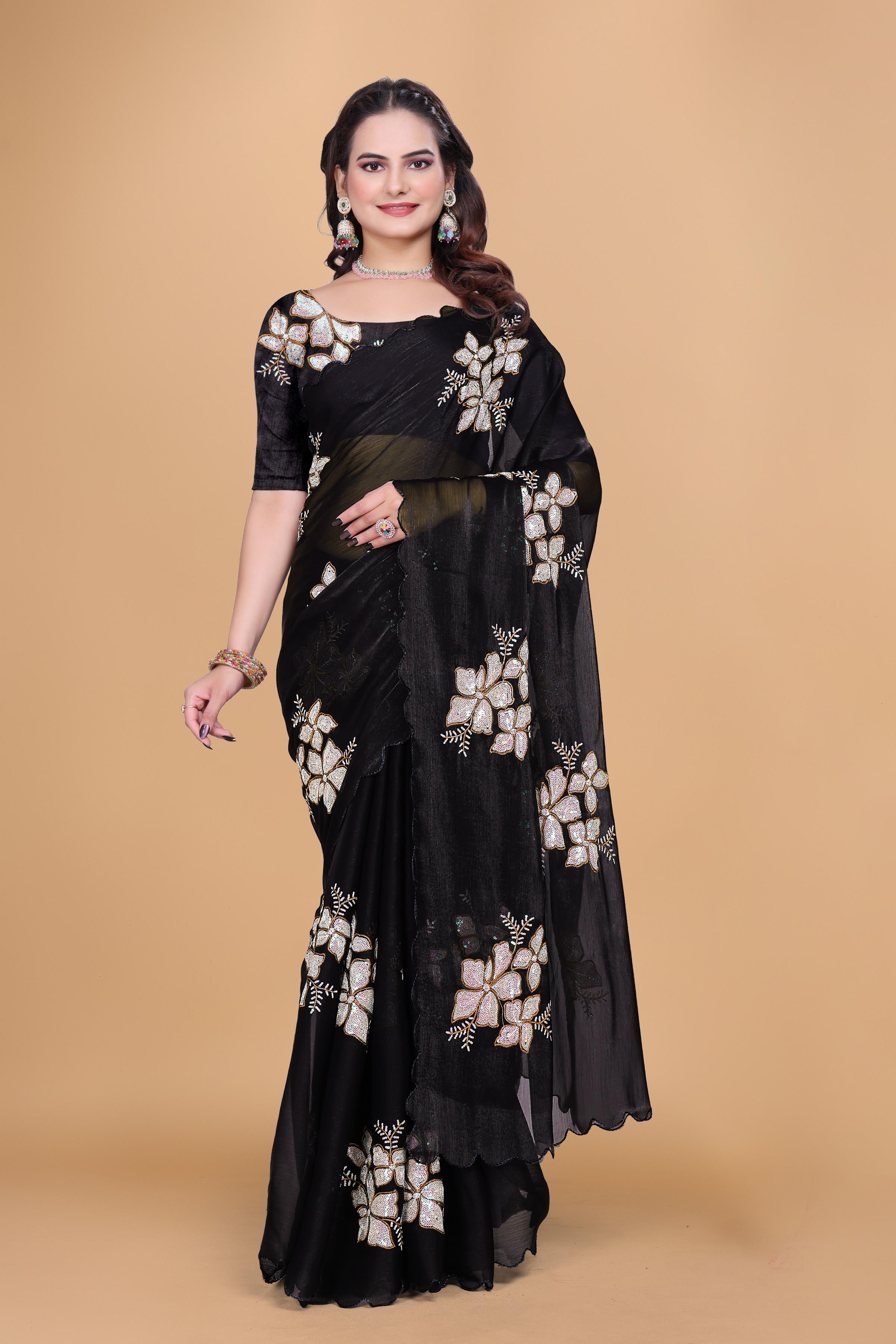 Black Organza Floral Embroidery designer Saree