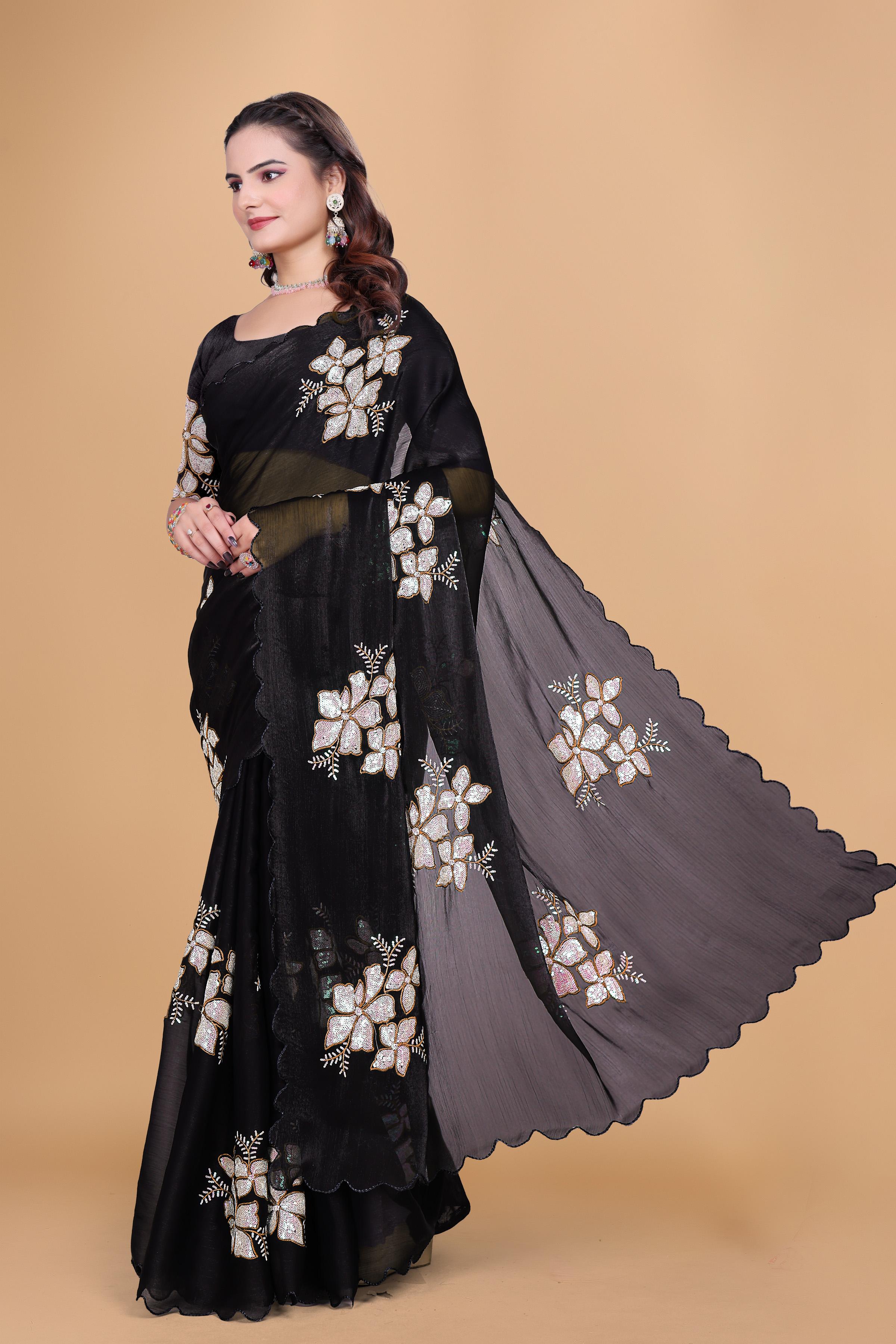 Black Organza Floral Embroidery designer Saree