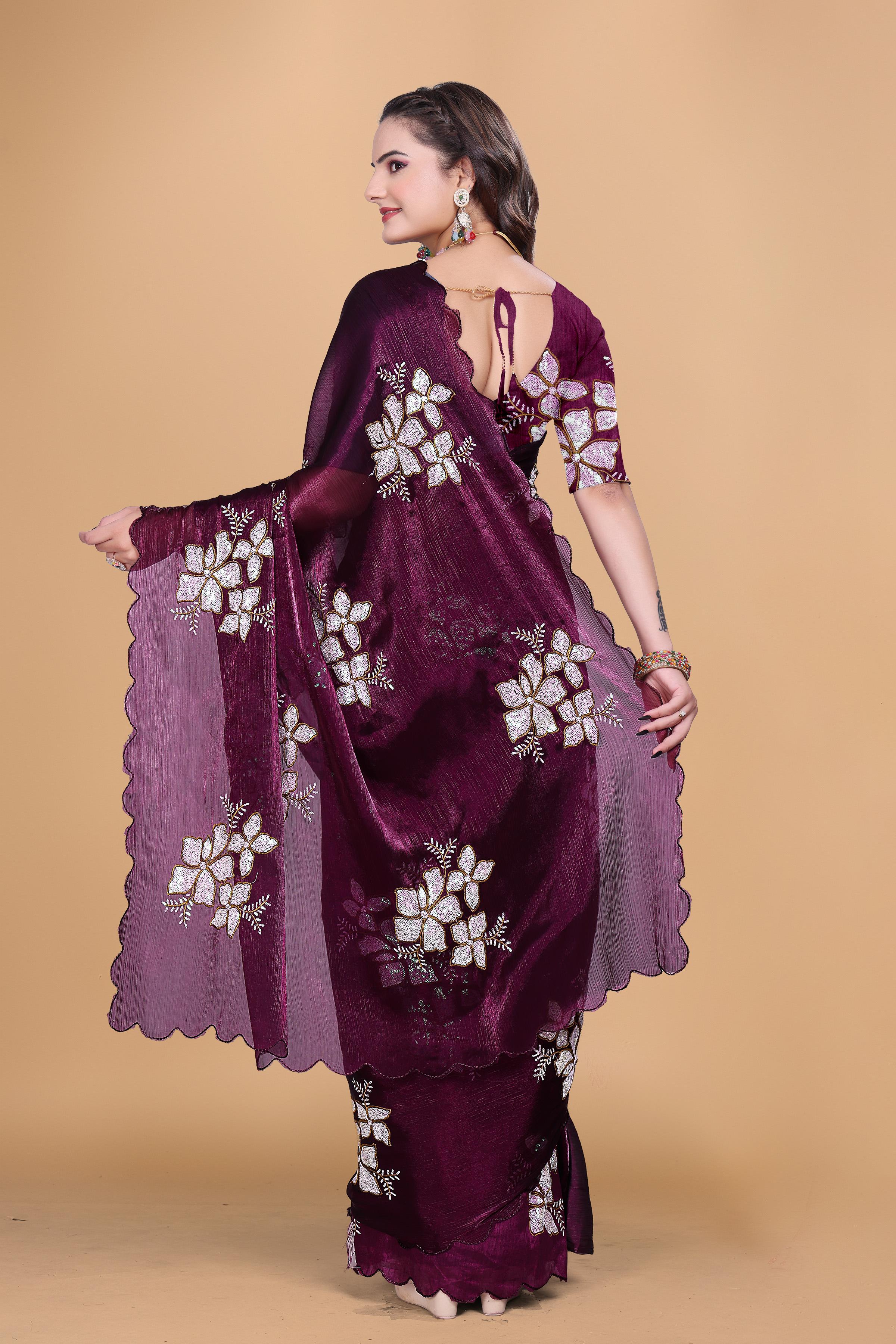 Wine Organza Floral Embroidery designer Saree