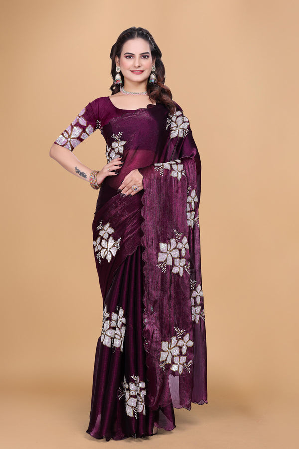 Wine Organza Floral Embroidery designer Saree