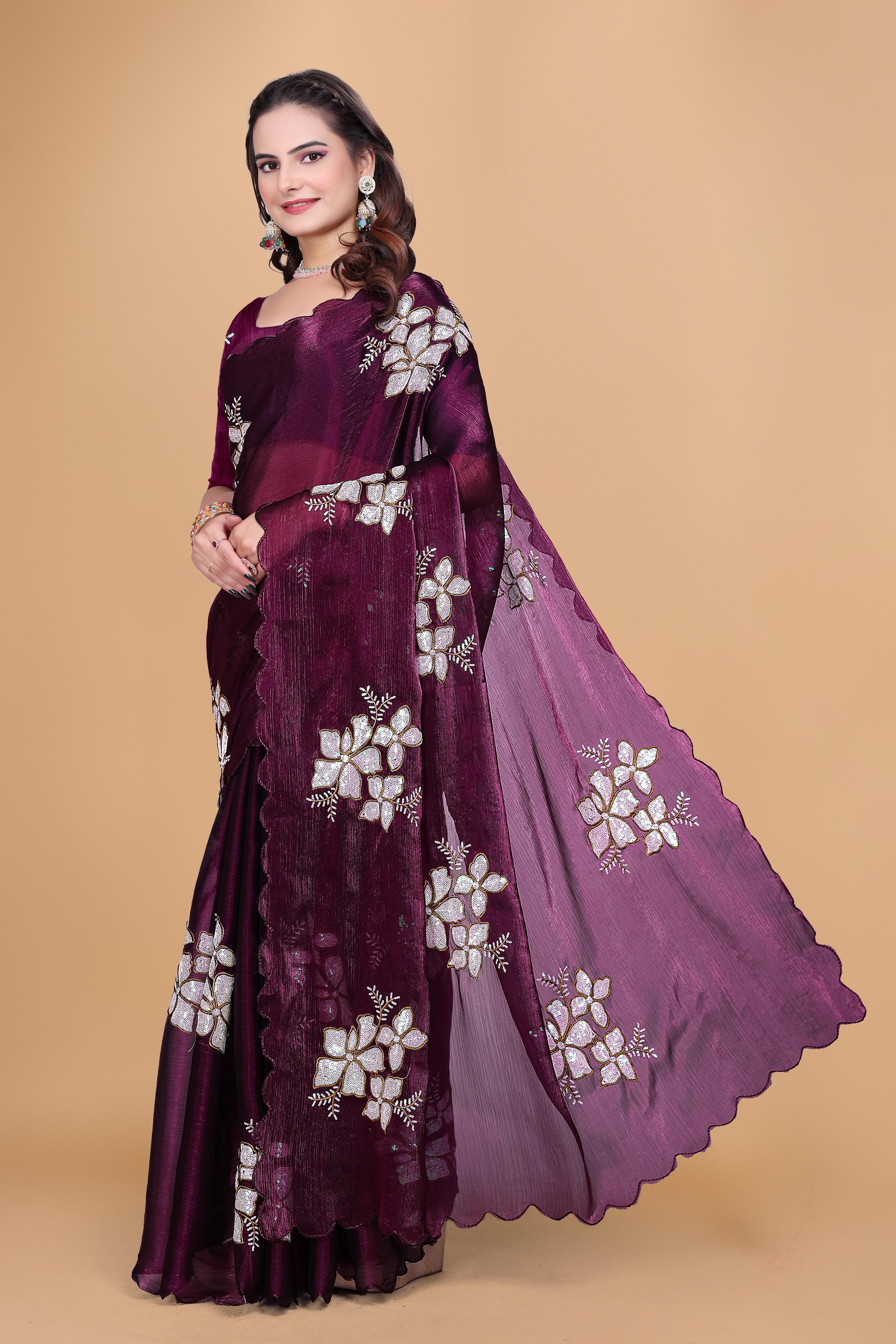 Wine Organza Floral Embroidery designer Saree