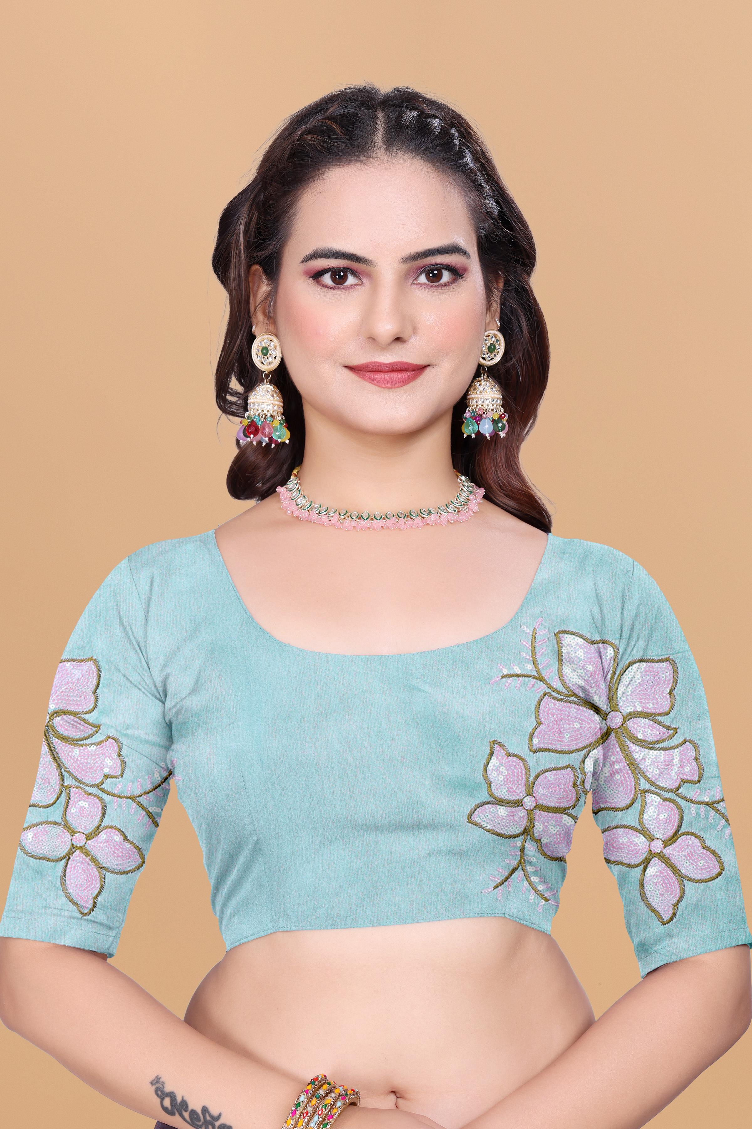 Sea Green Organza Floral Embroidery designer Saree