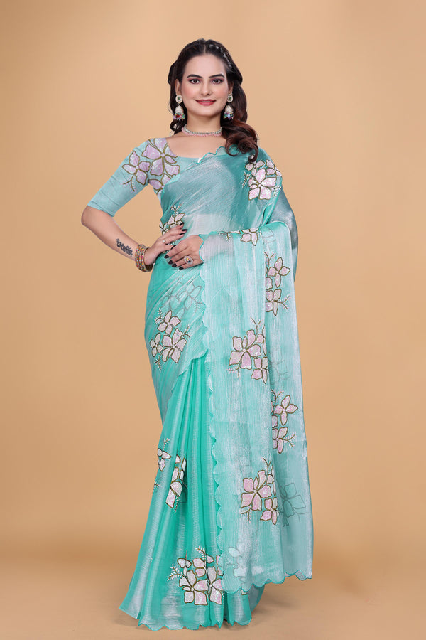 Sea Green Organza Floral Embroidery designer Saree