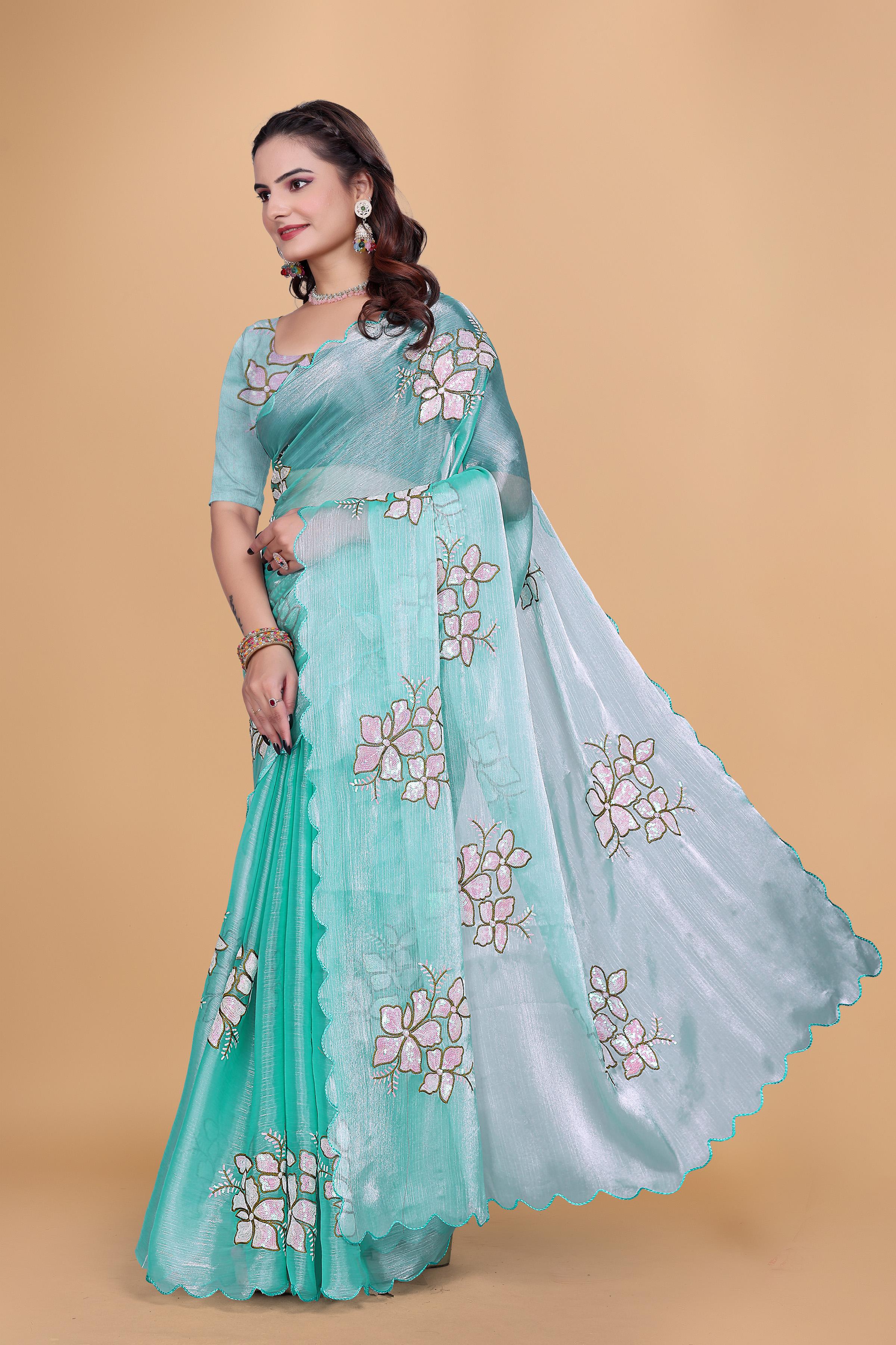Sea Green Organza Floral Embroidery designer Saree