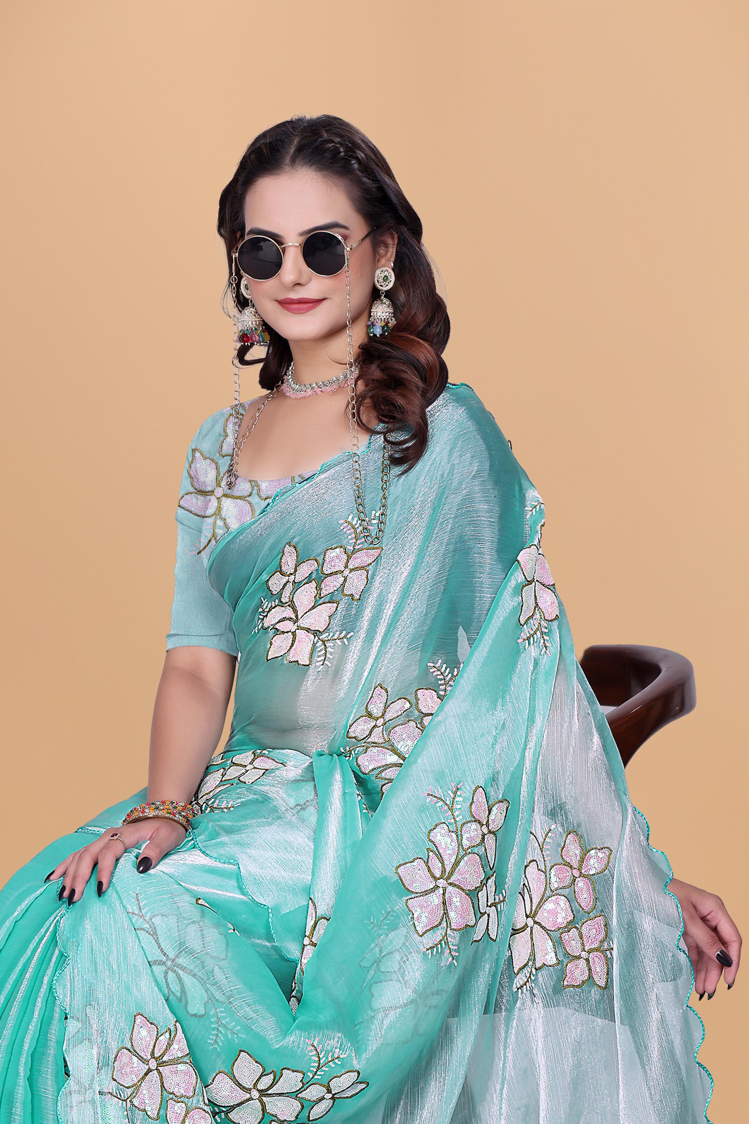 Sea Green Organza Floral Embroidery designer Saree