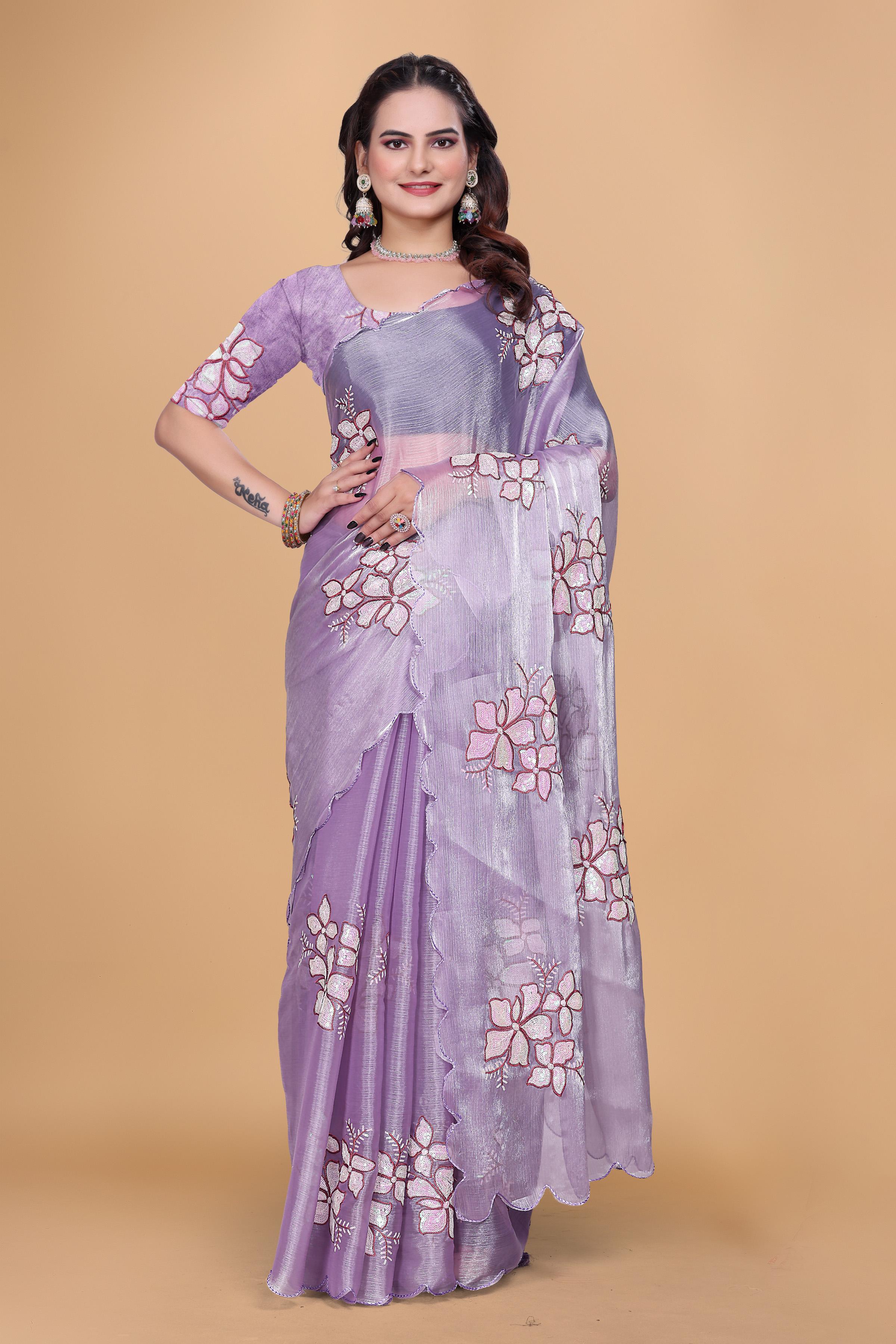 Lavender Organza Floral Embroidery designer Saree