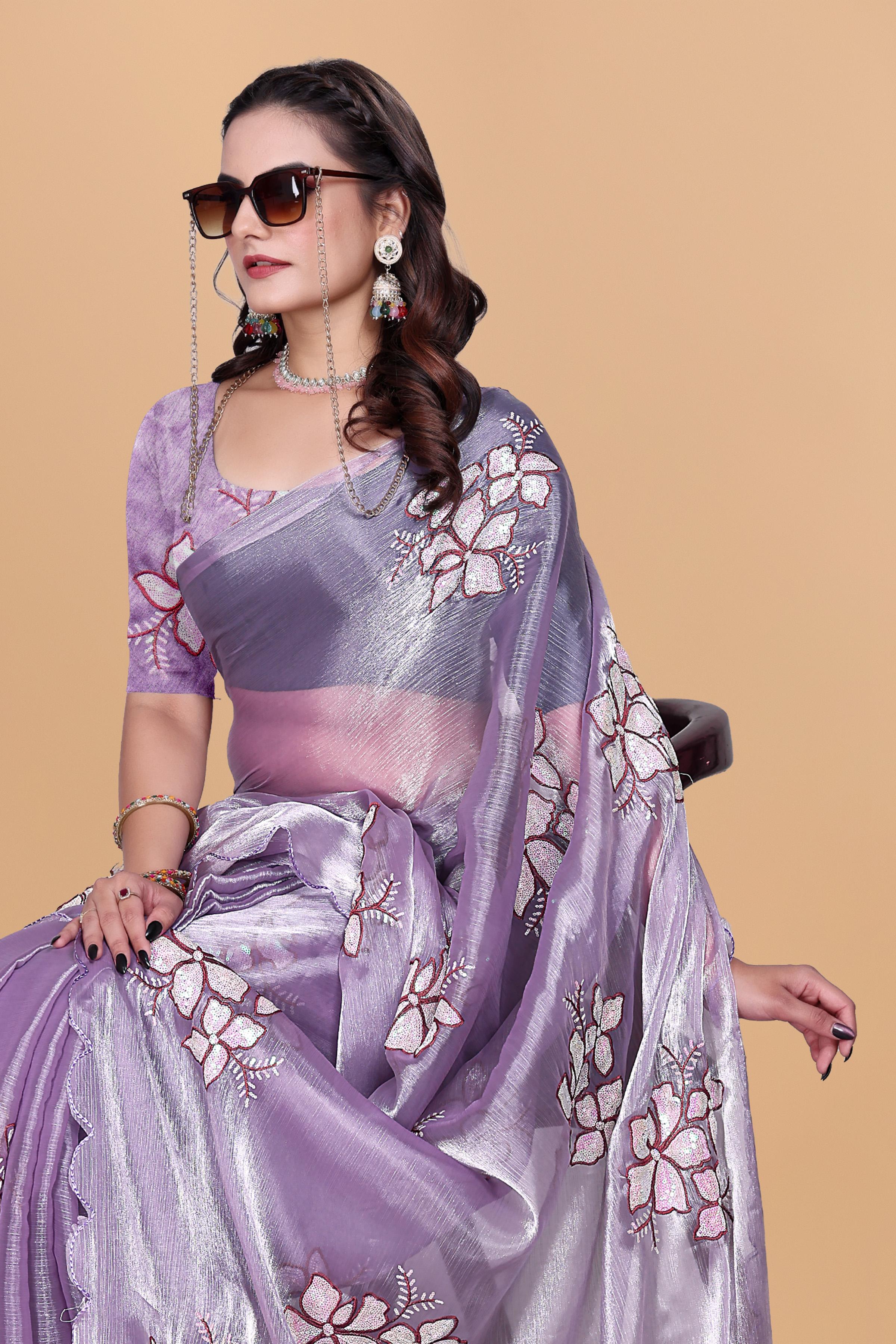 Lavender Organza Floral Embroidery designer Saree