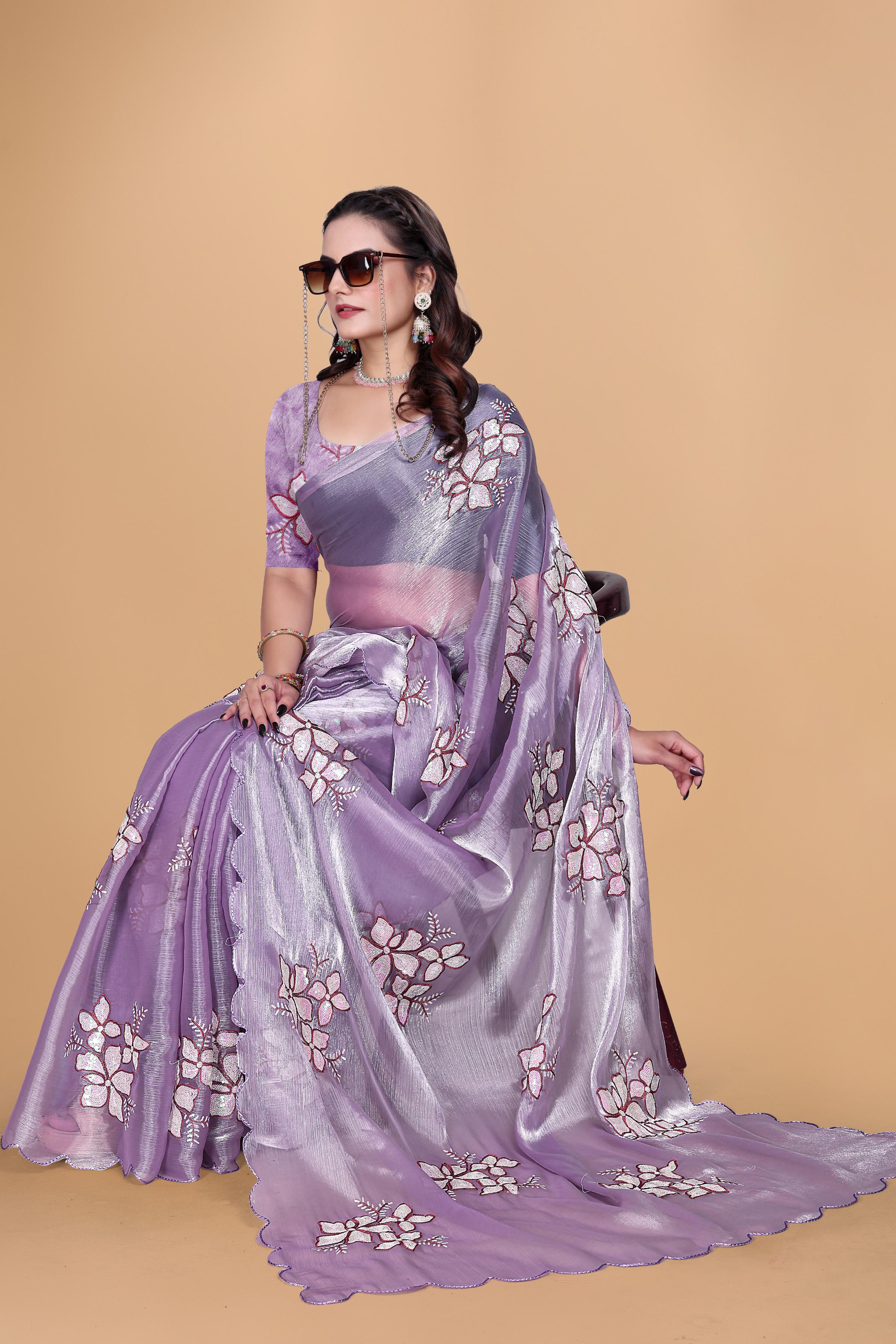Lavender Organza Floral Embroidery designer Saree