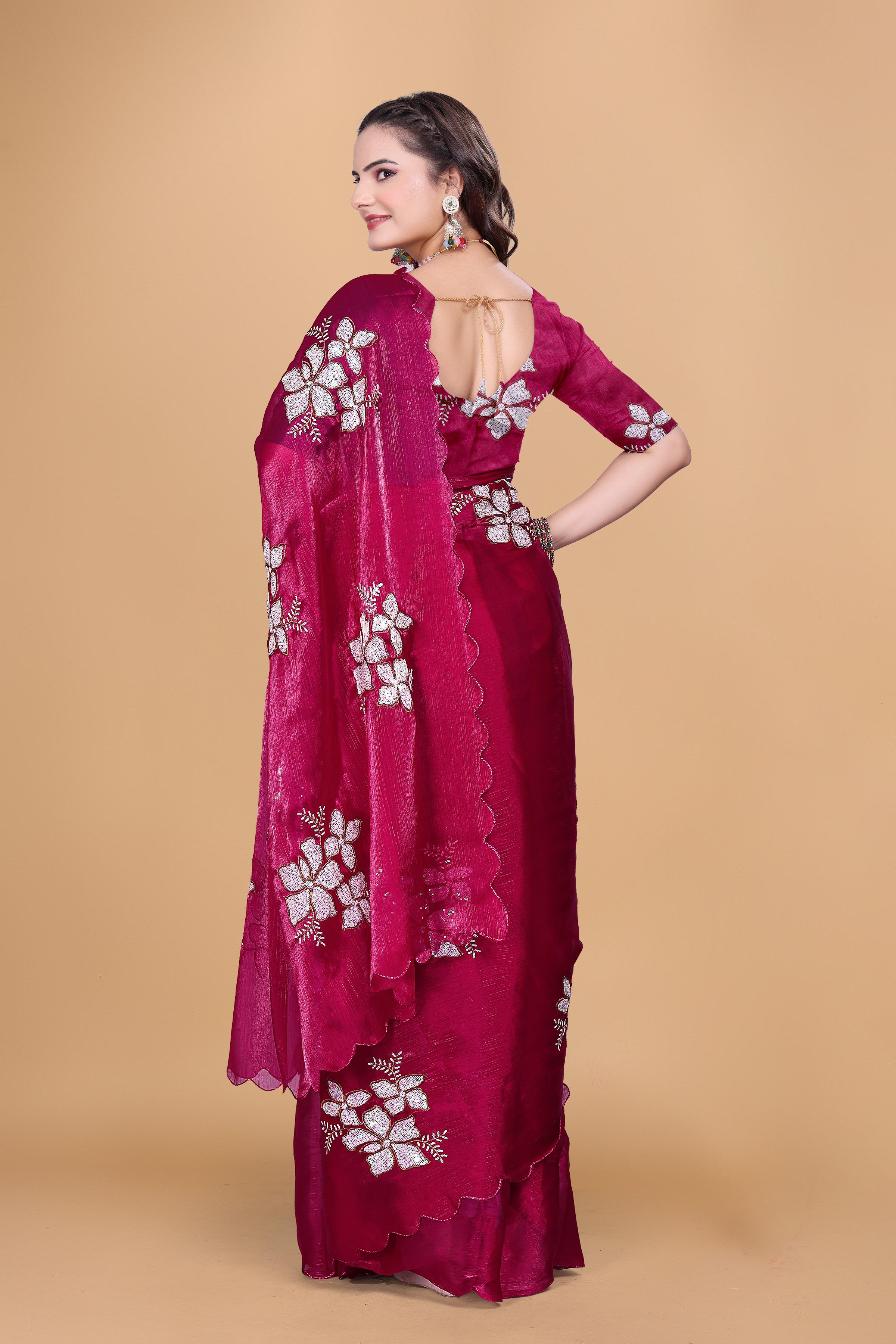 Rani Organza Floral Embroidery designer Saree