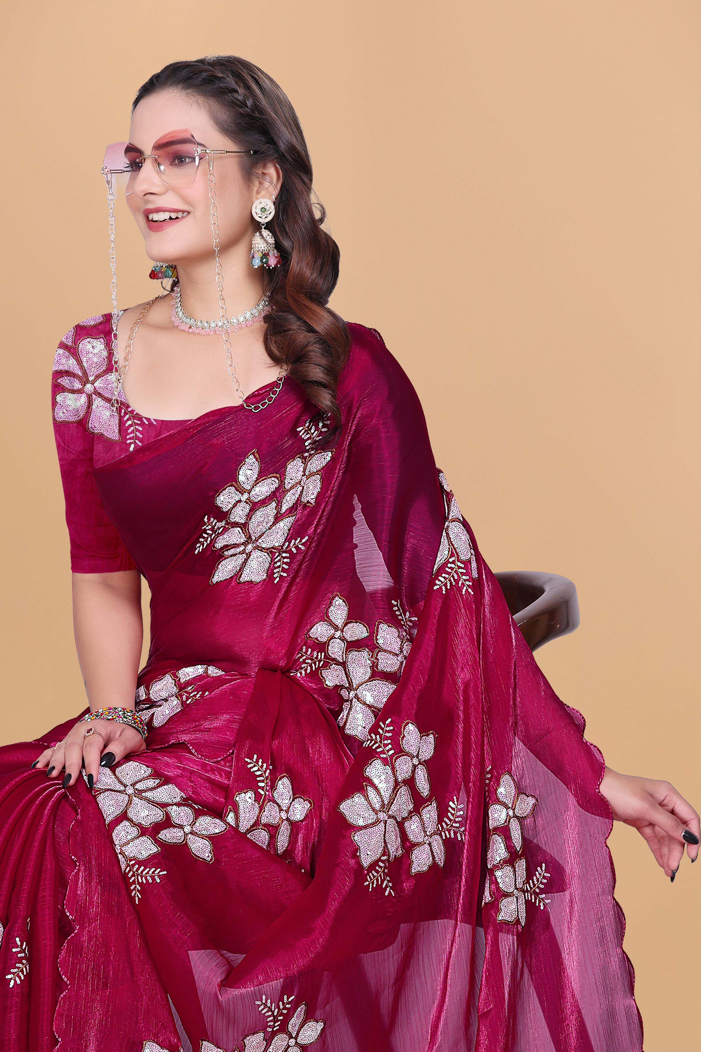 Rani Organza Floral Embroidery designer Saree
