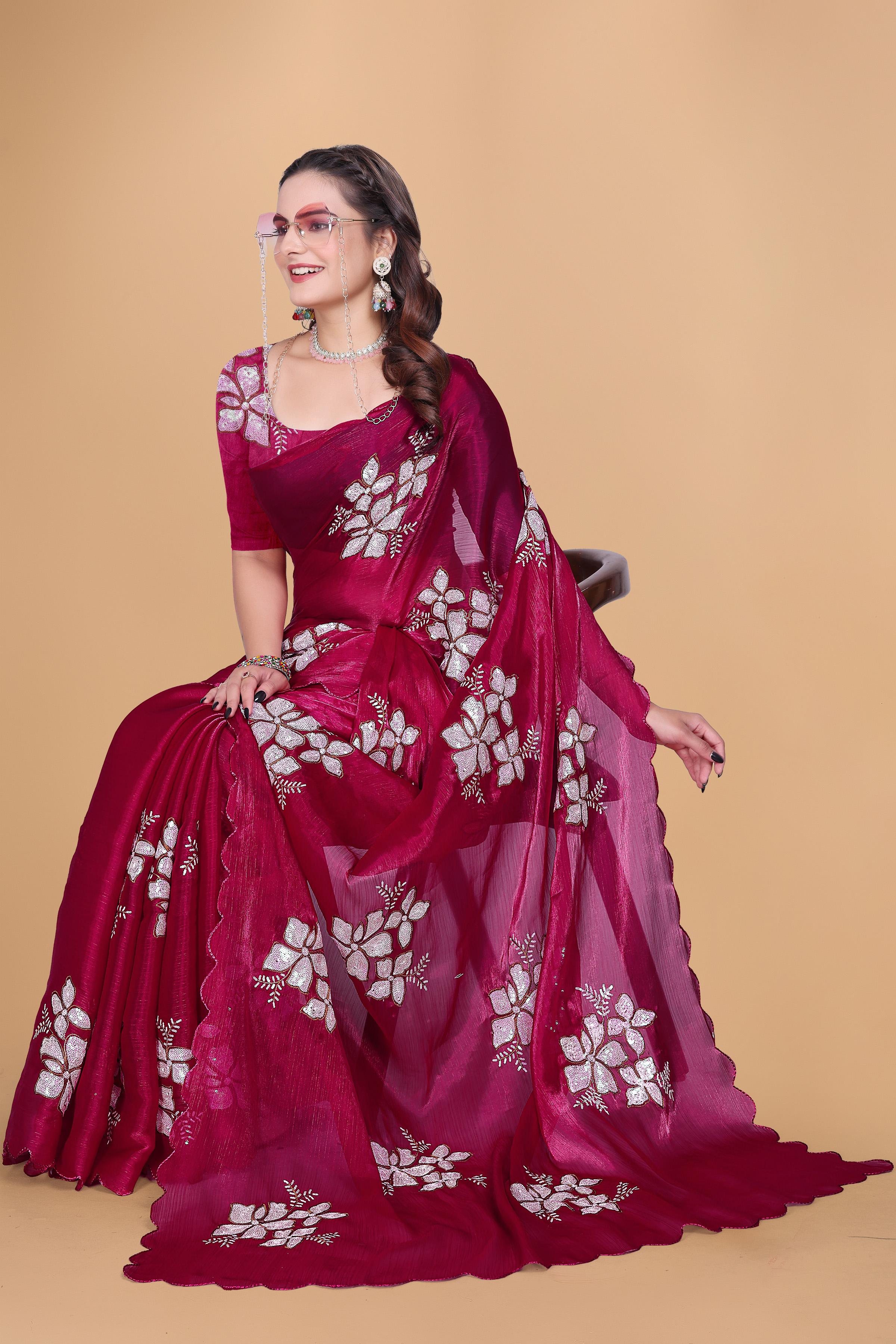 Rani Organza Floral Embroidery designer Saree