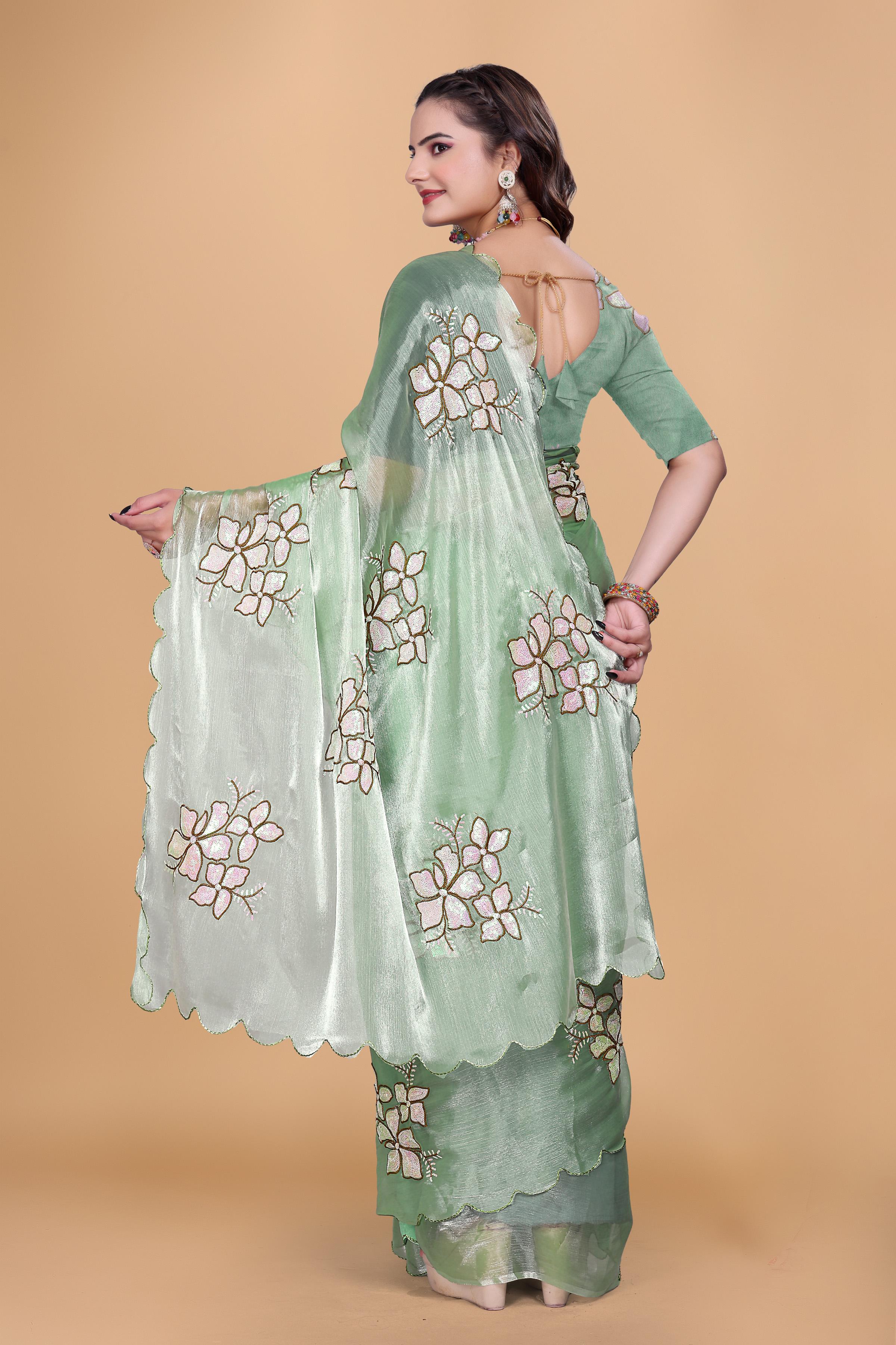 Mint Green Organza Floral Embroidery designer Saree