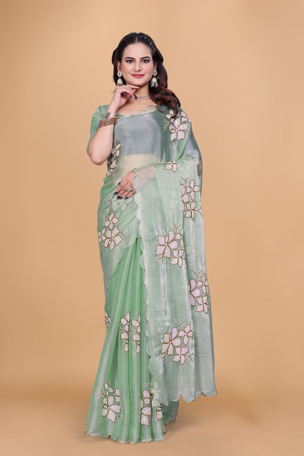 Mint Green Organza Floral Embroidery designer Saree