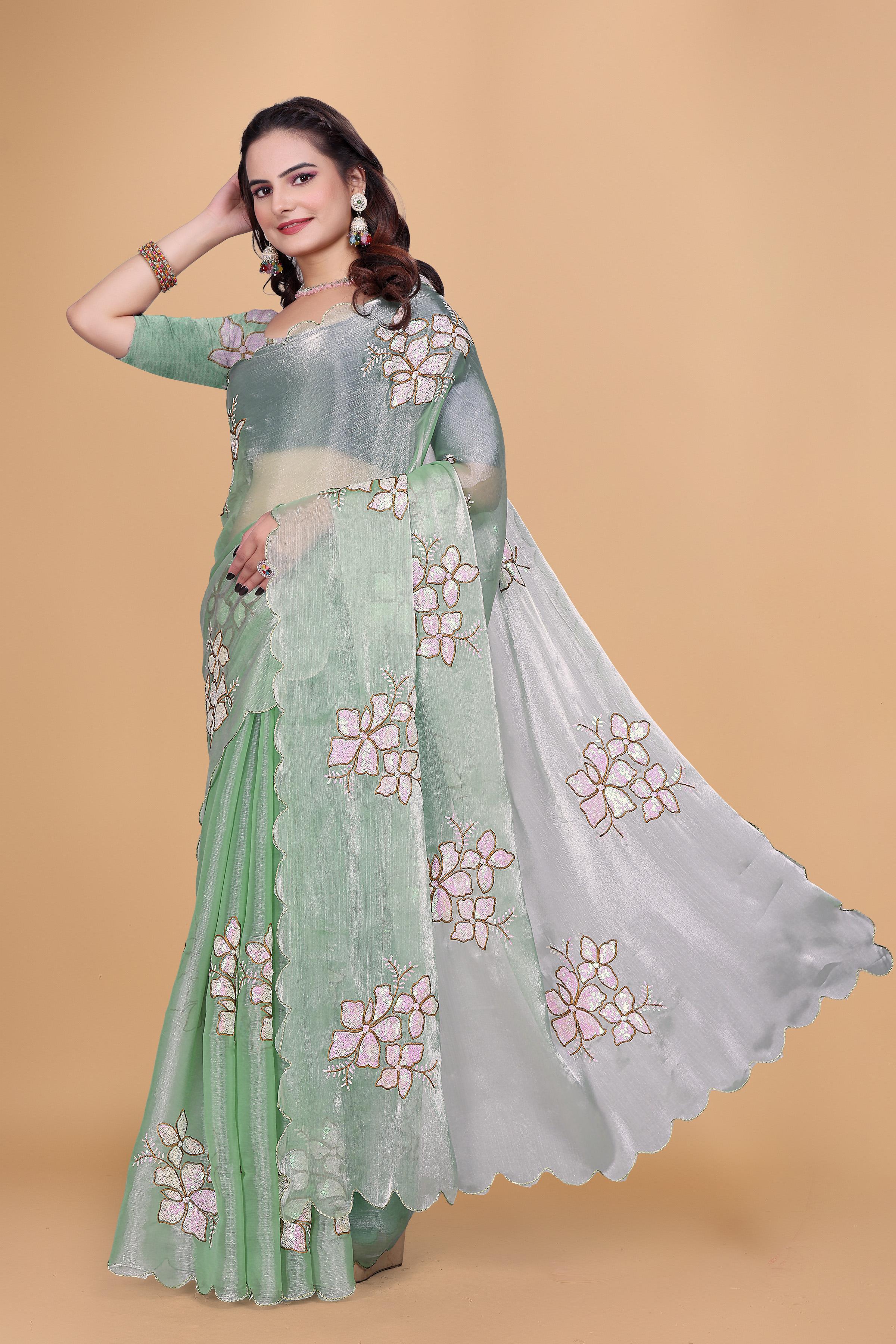 Mint Green Organza Floral Embroidery designer Saree
