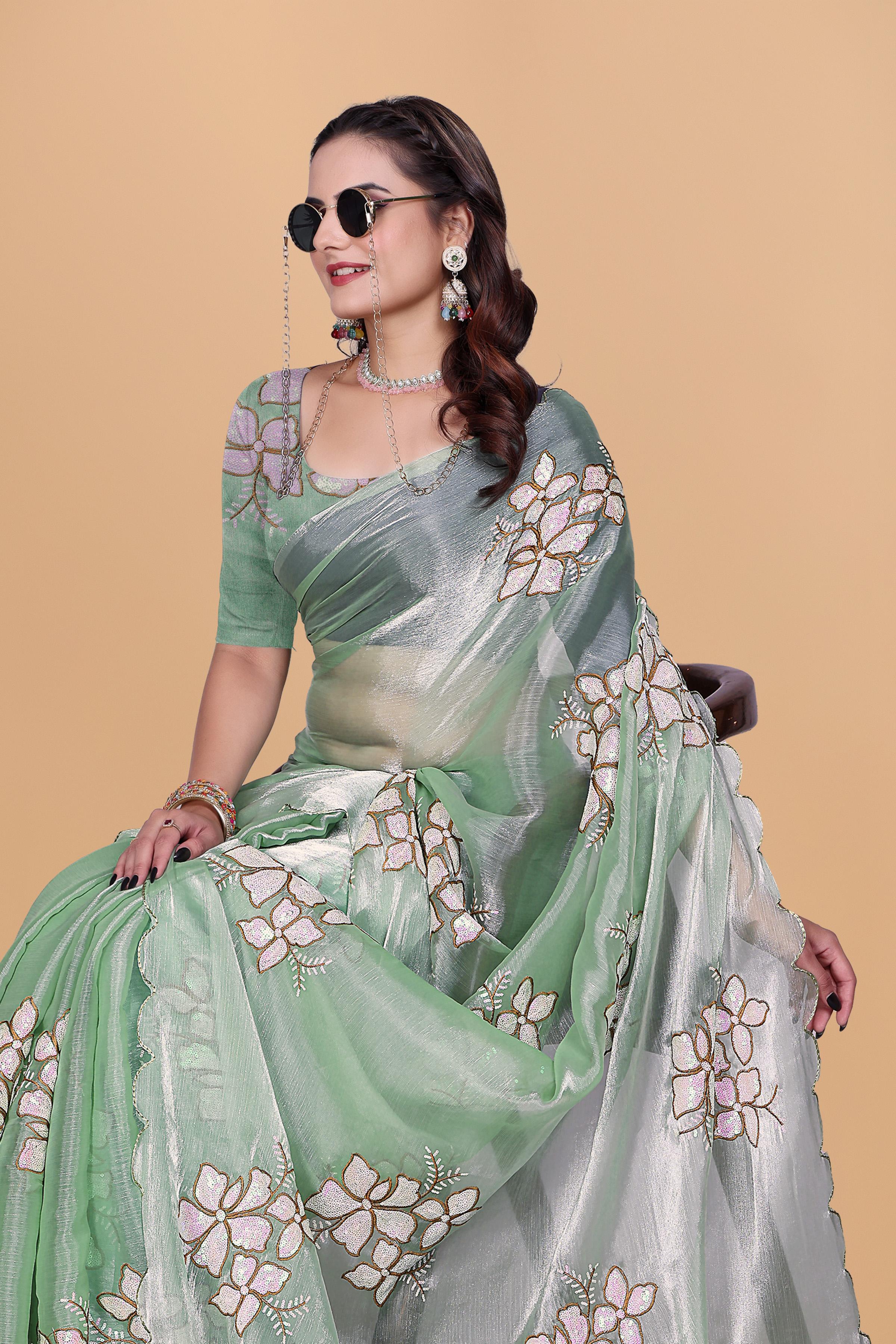Mint Green Organza Floral Embroidery designer Saree