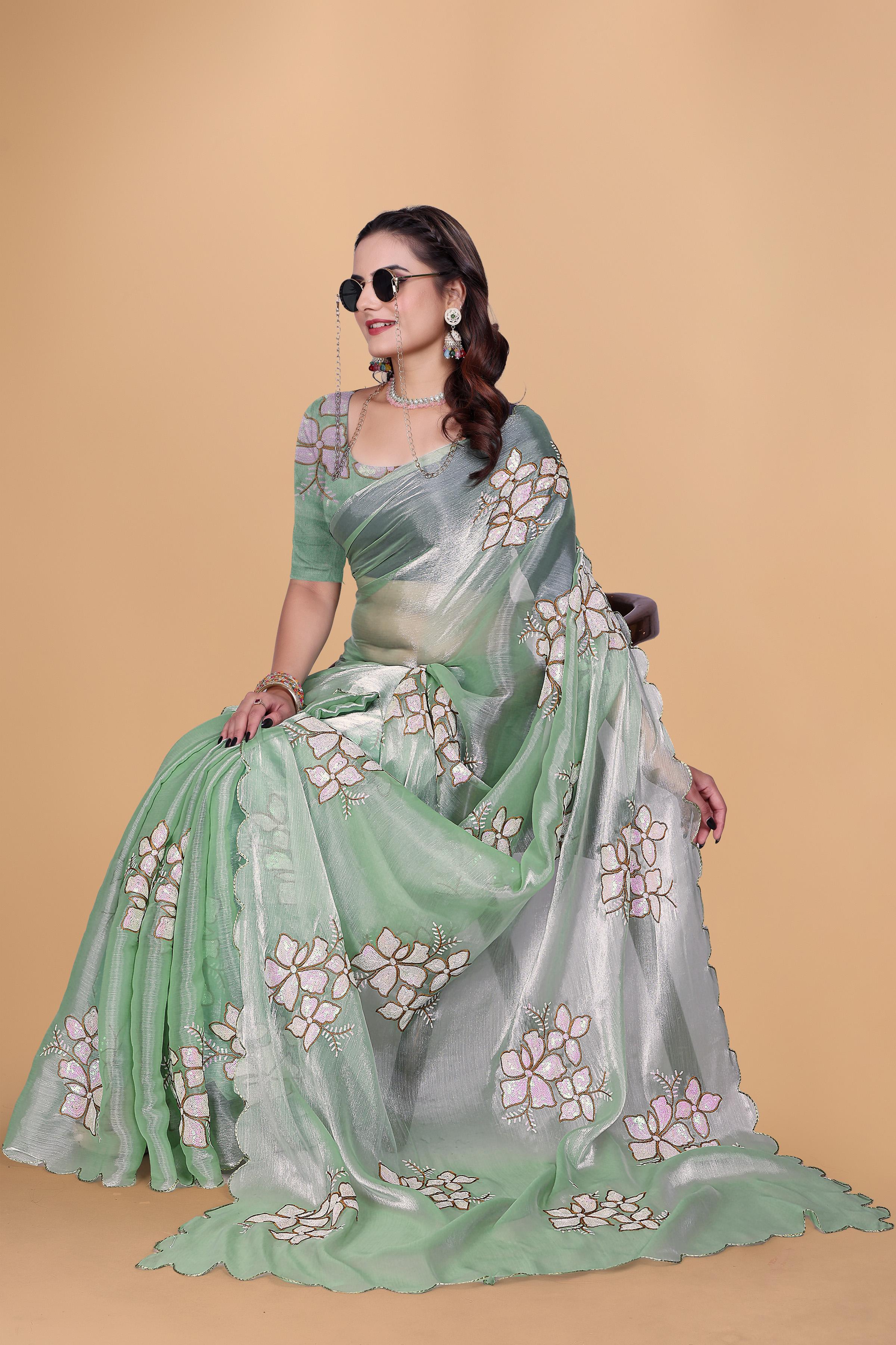 Mint Green Organza Floral Embroidery designer Saree