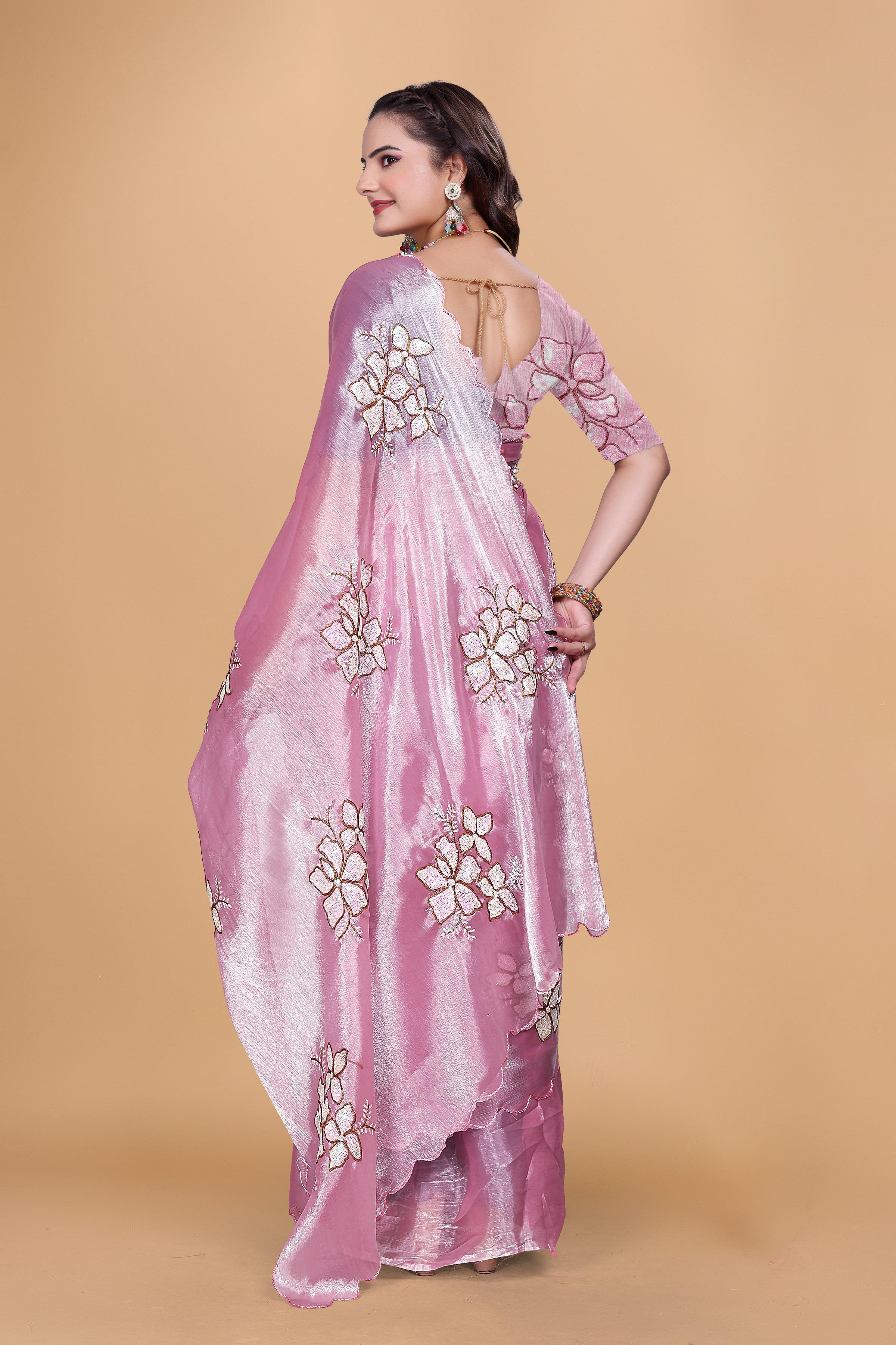 Baby Pink Organza Floral Embroidery designer Saree