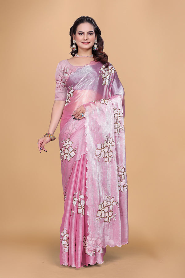 Baby Pink Organza Floral Embroidery designer Saree