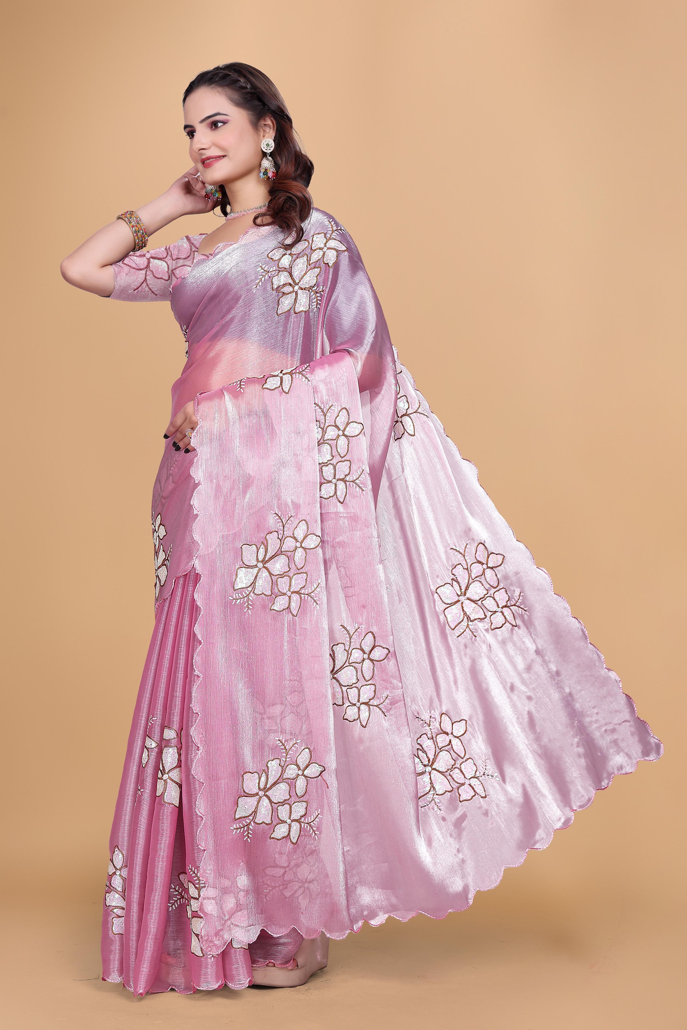 Baby Pink Organza Floral Embroidery designer Saree