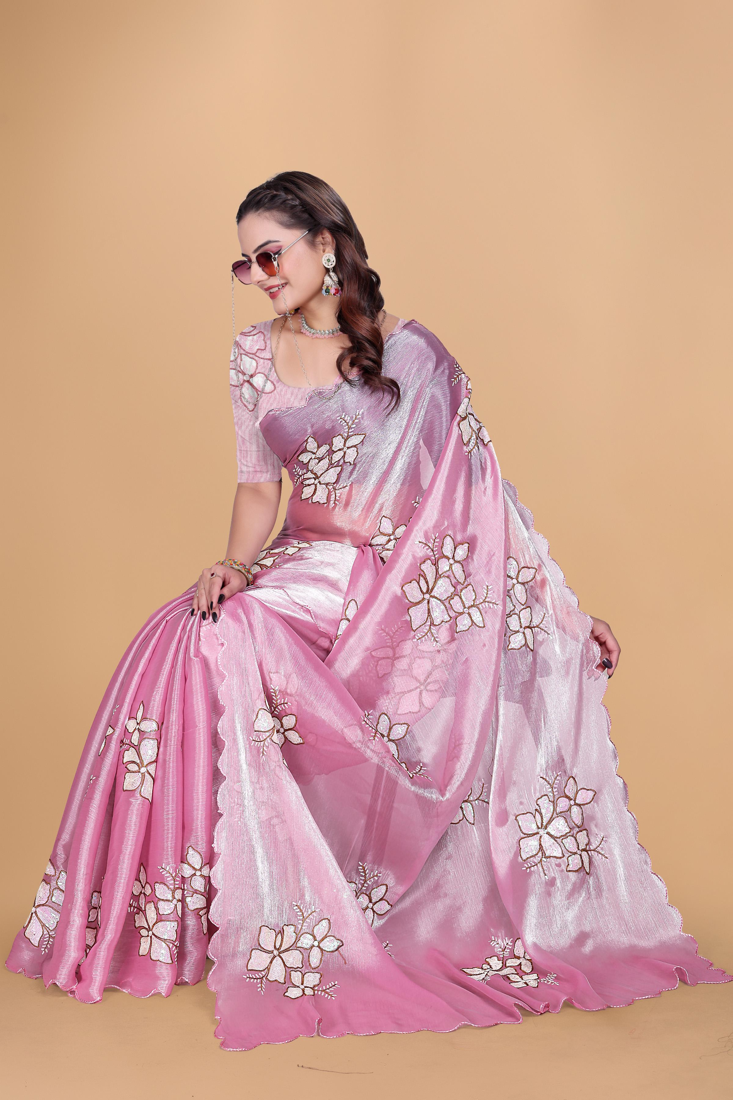 Baby Pink Organza Floral Embroidery designer Saree