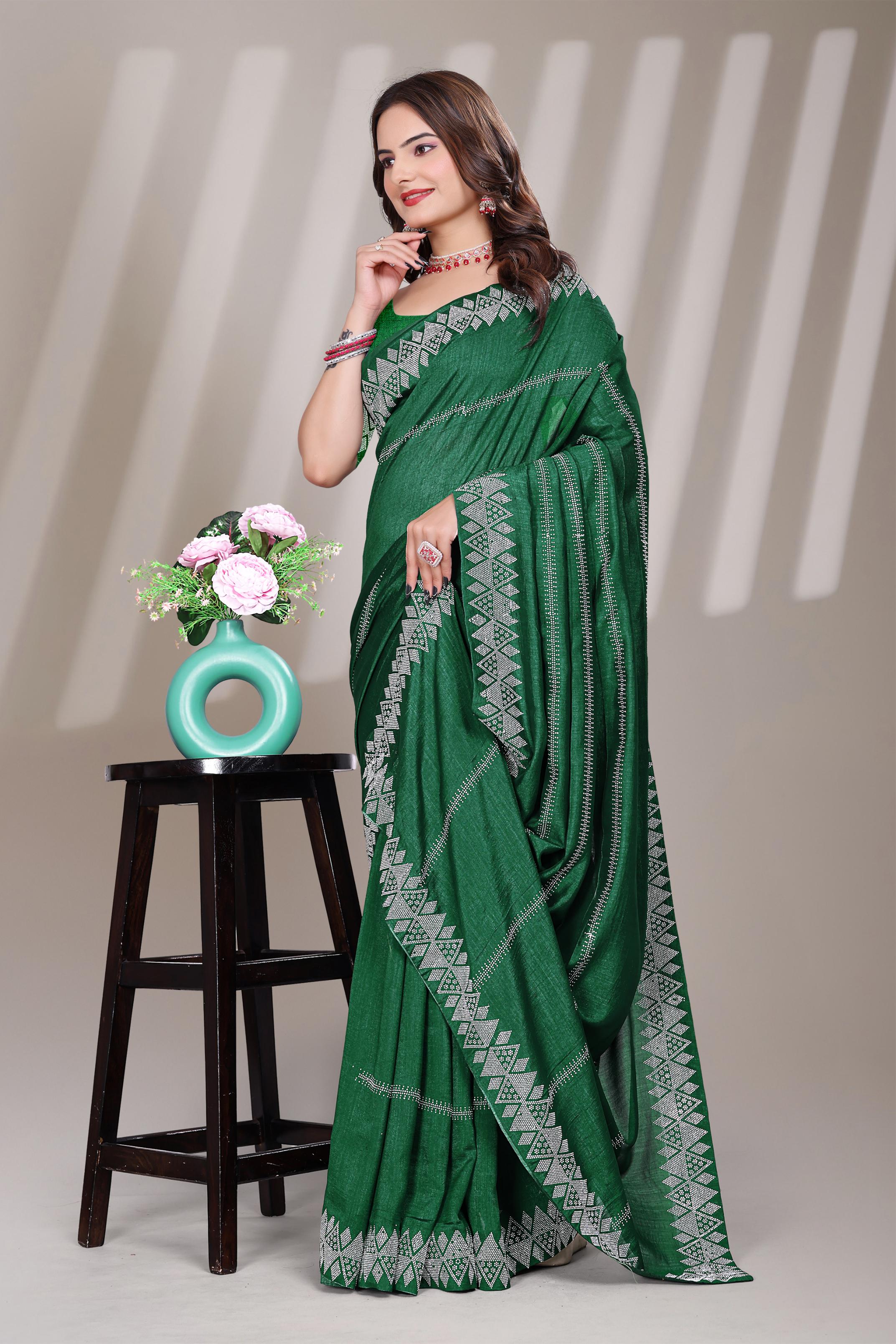 Green Georgette Diamond Work Saree