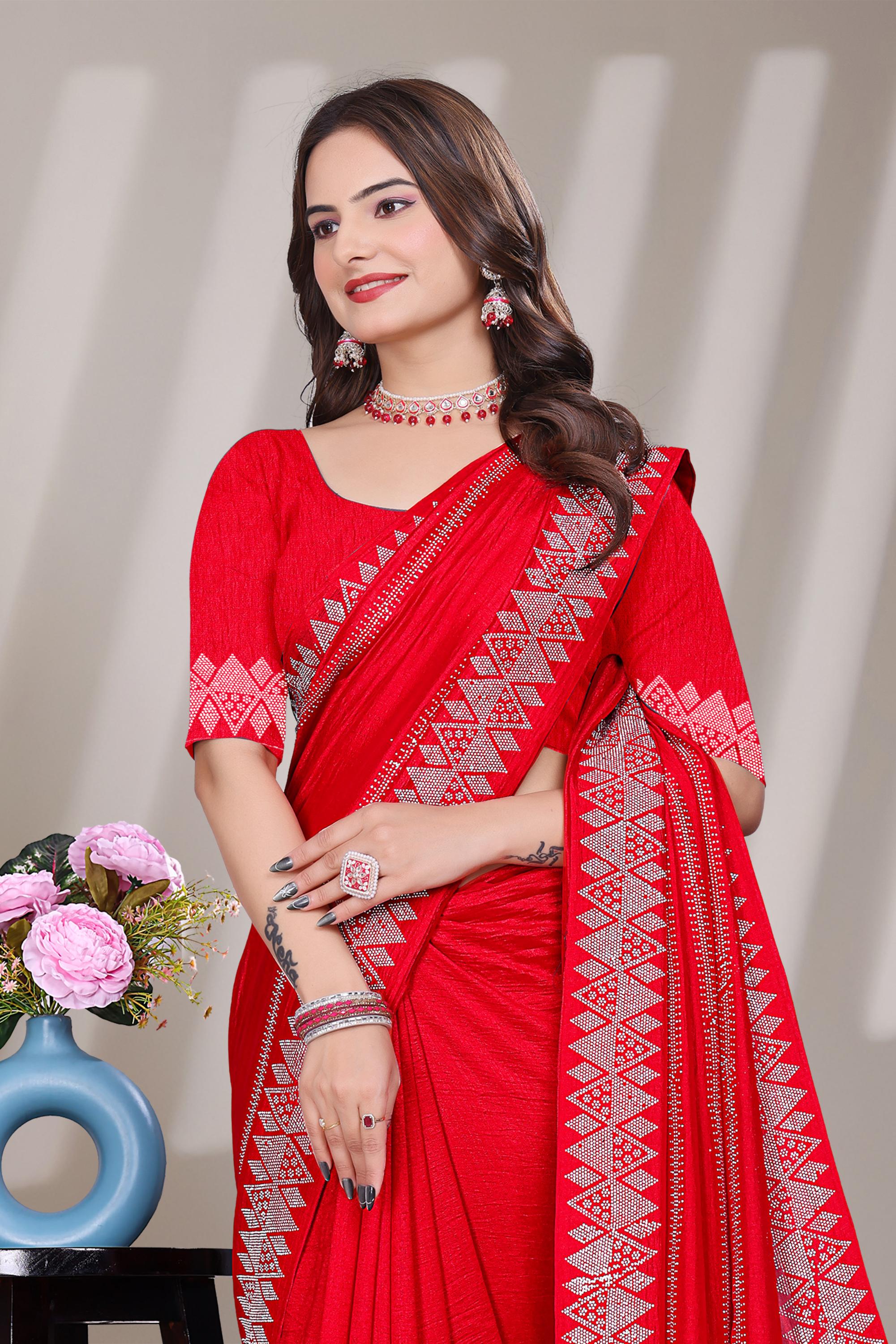 Red Georgette Diamond Work Saree