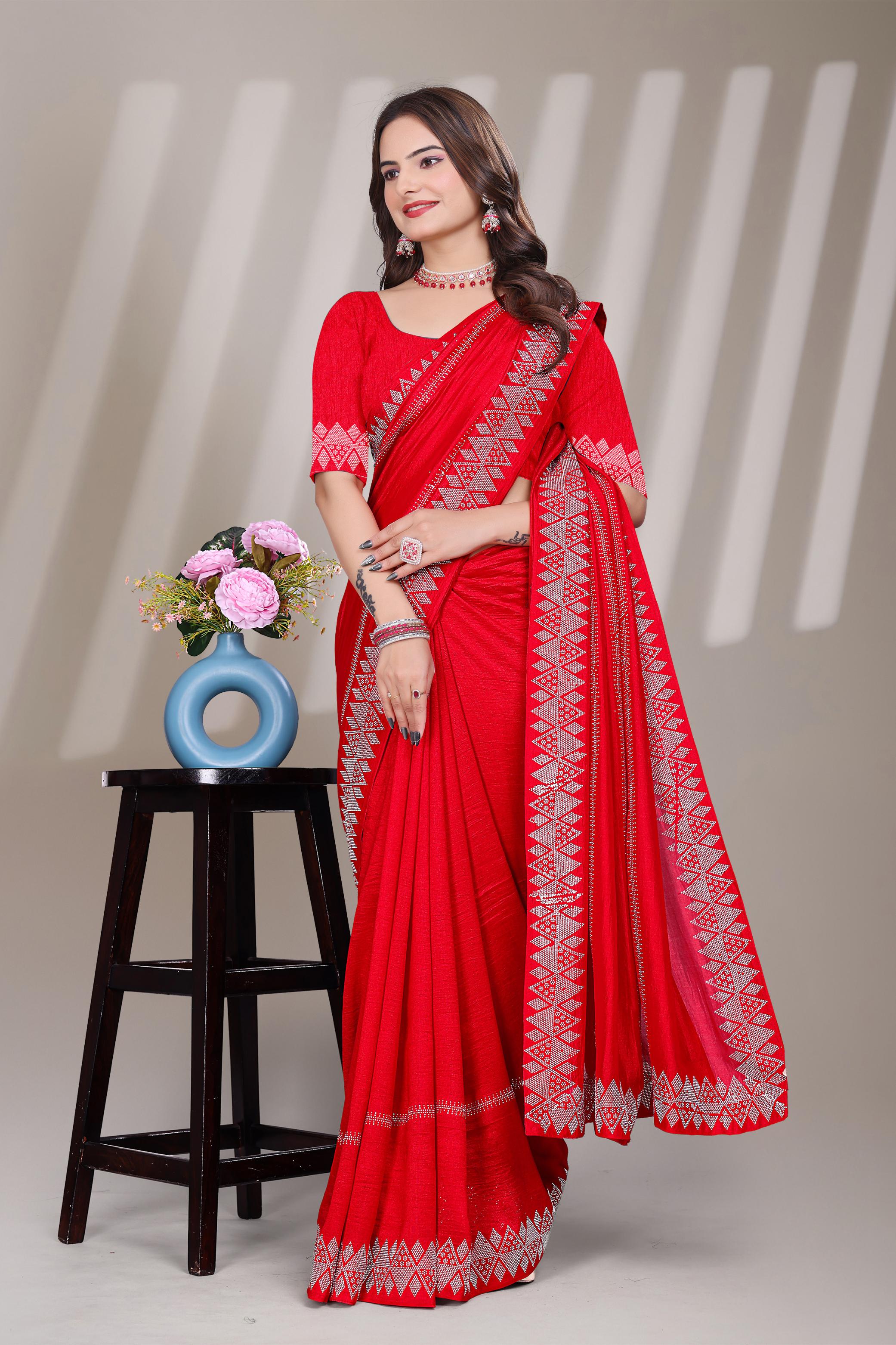 Red Georgette Diamond Work Saree