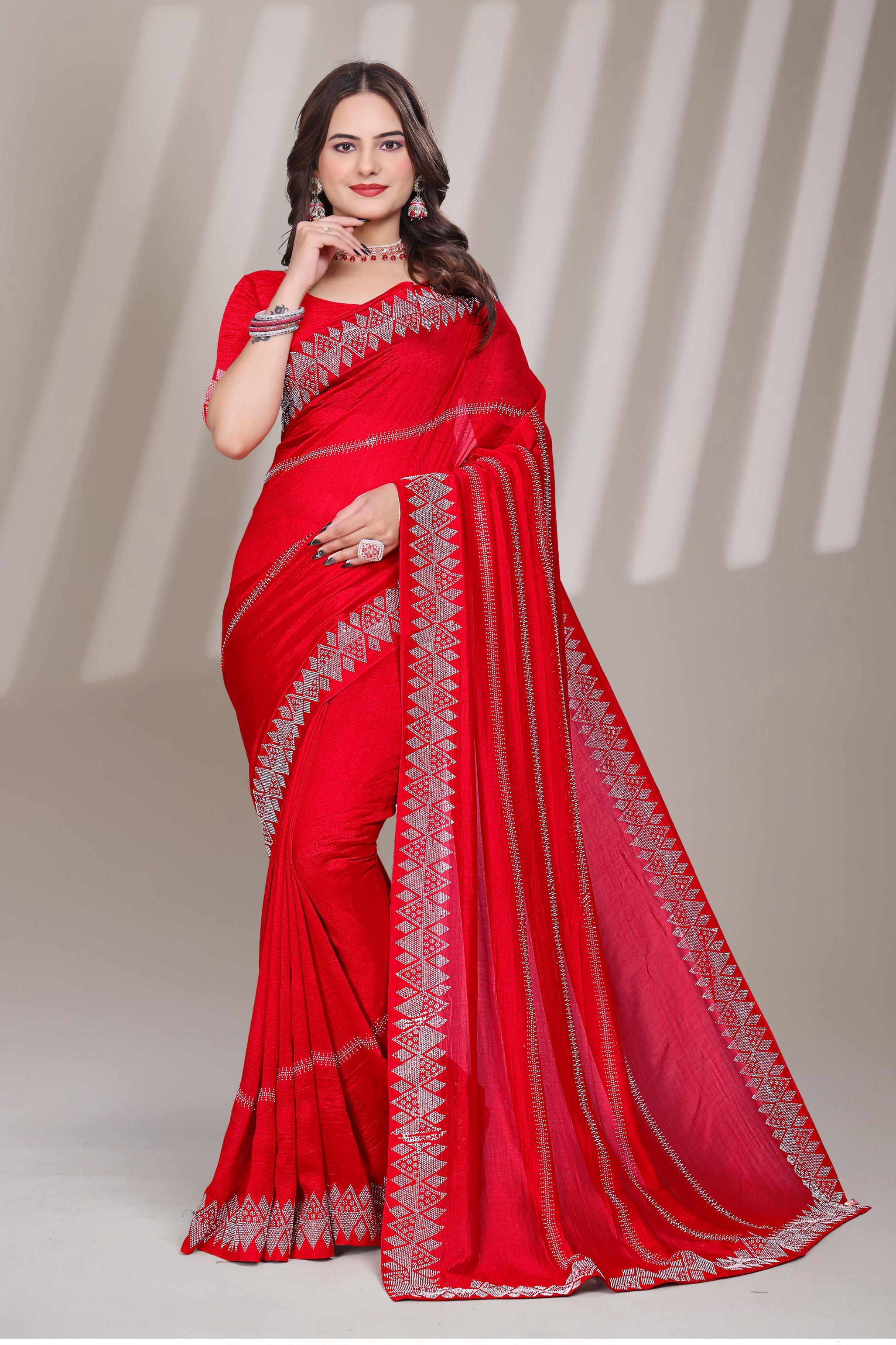 Red Georgette Diamond Work Saree