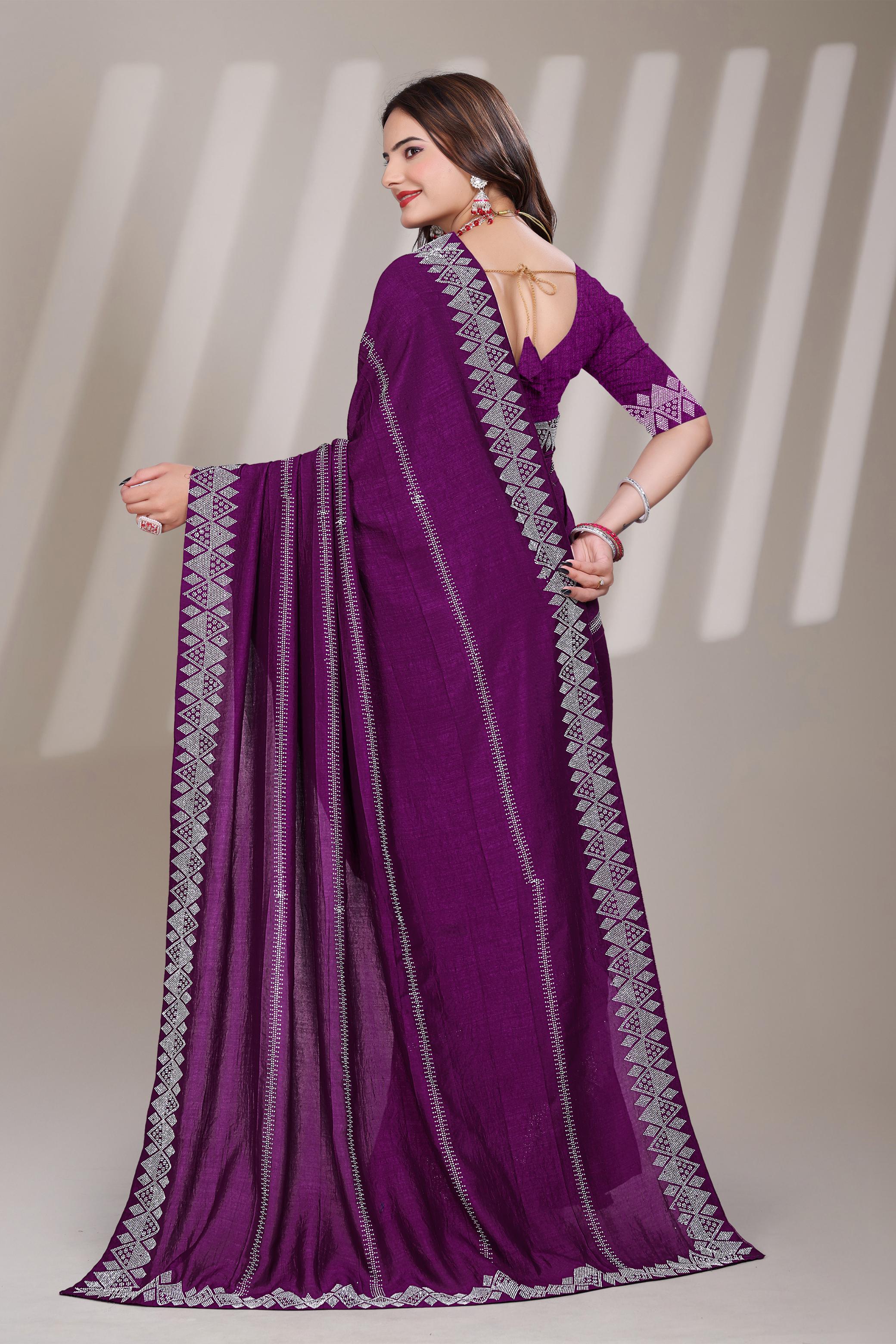Purple Georgette Diamond Work Saree