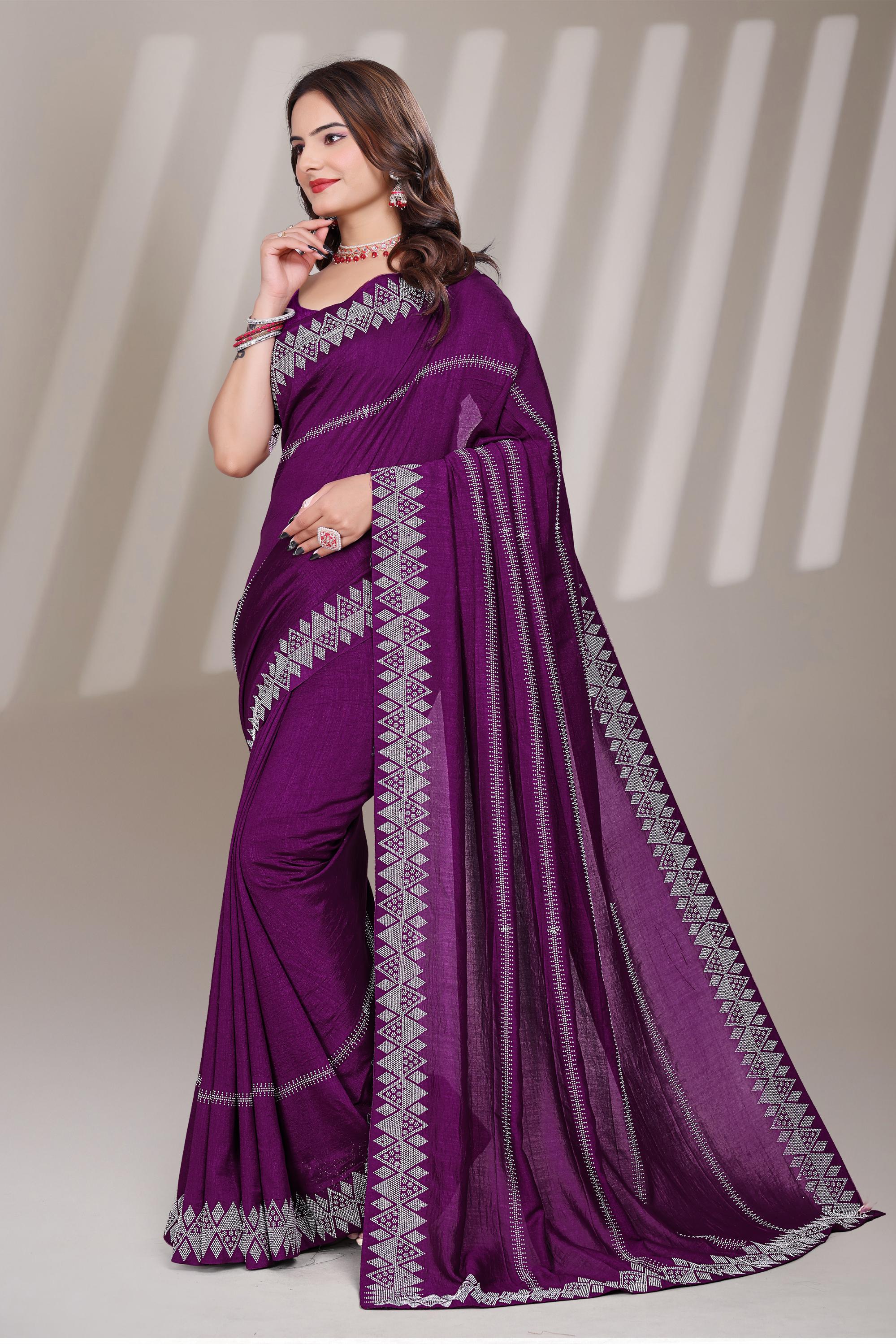 Purple Georgette Diamond Work Saree
