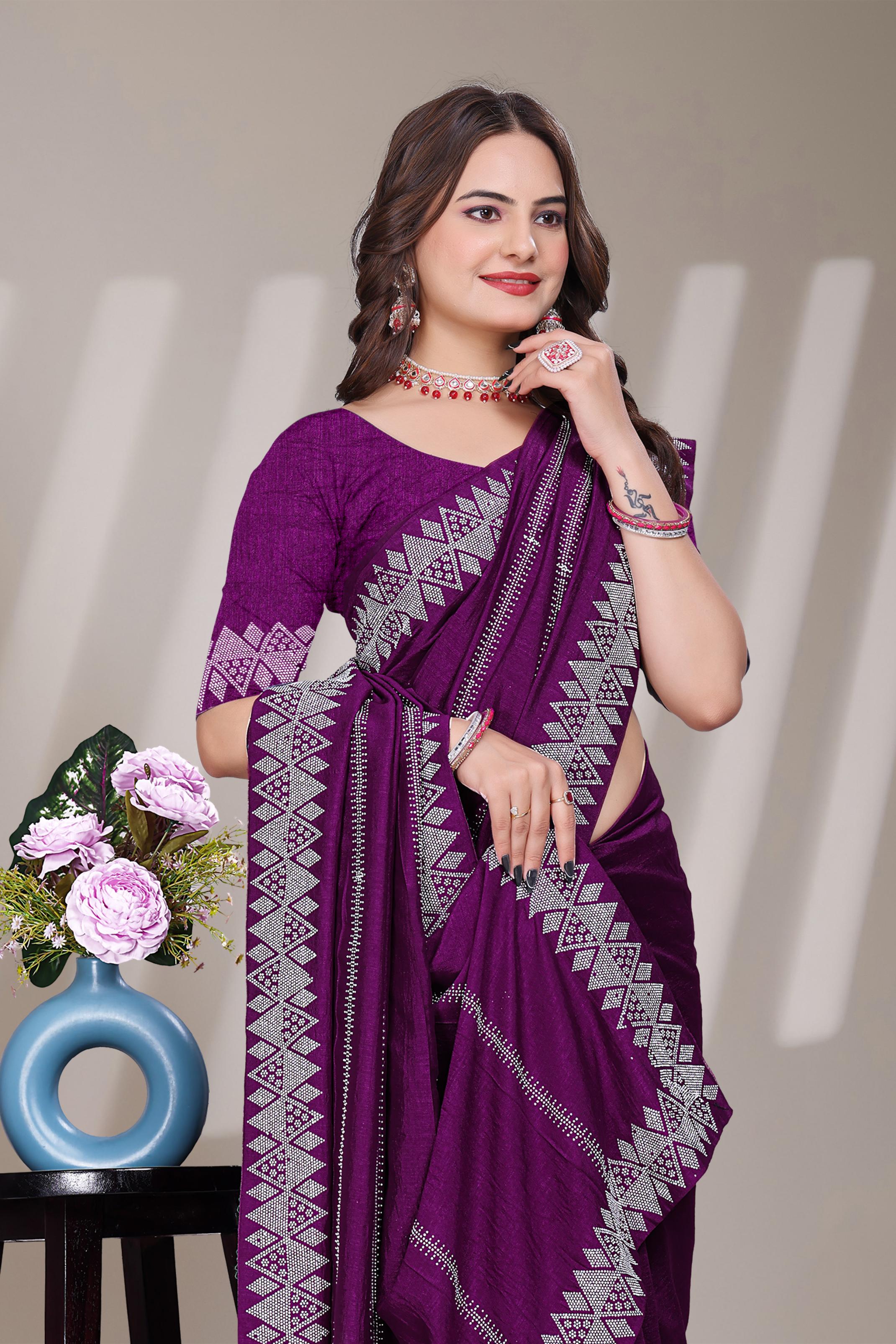 Purple Georgette Diamond Work Saree