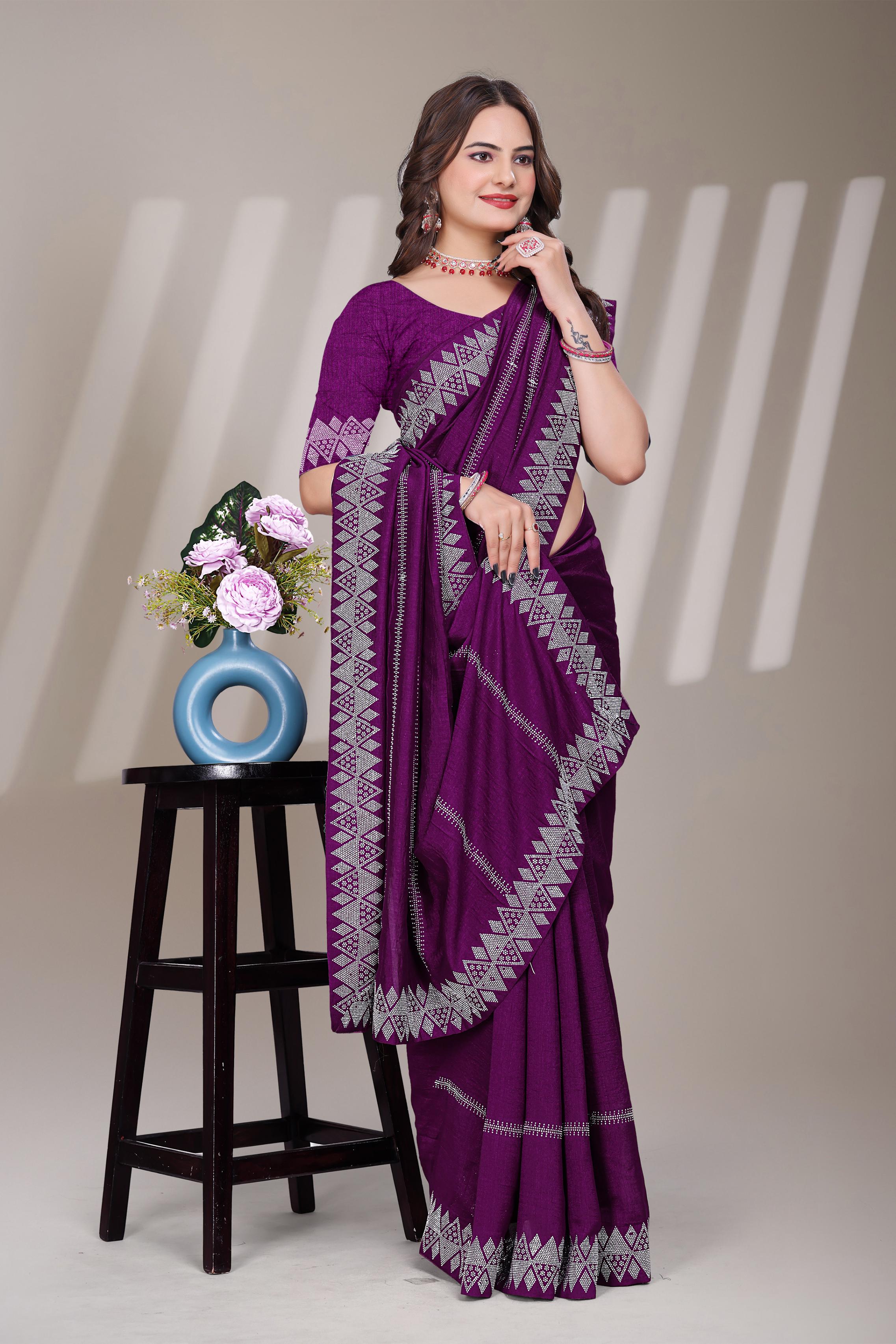 Purple Georgette Diamond Work Saree