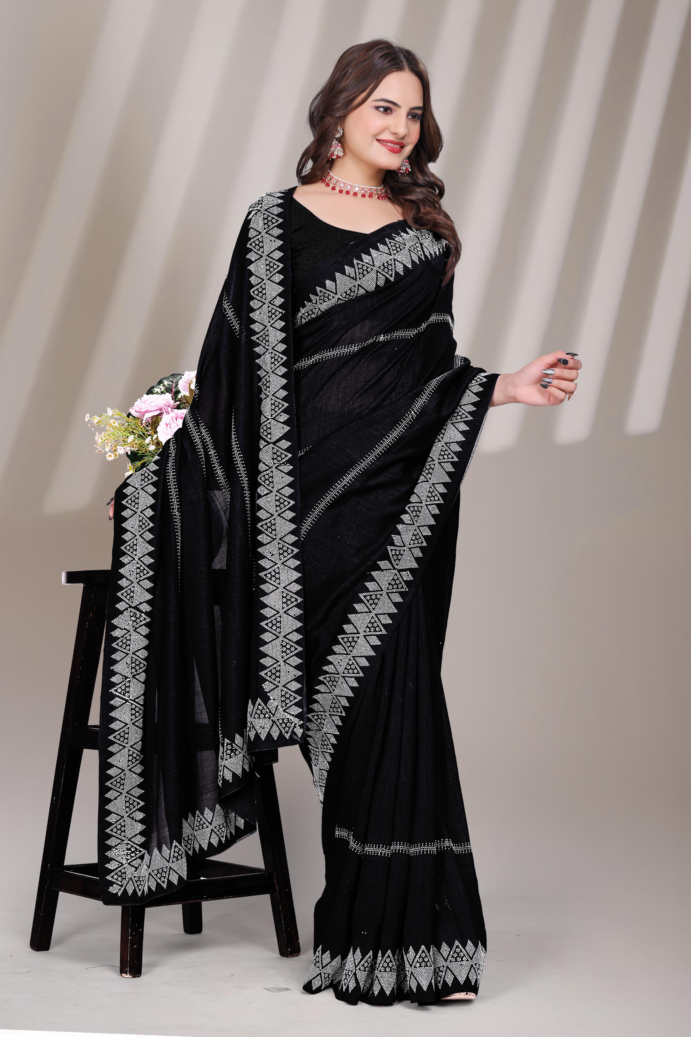 Black Georgette Diamond Work Saree
