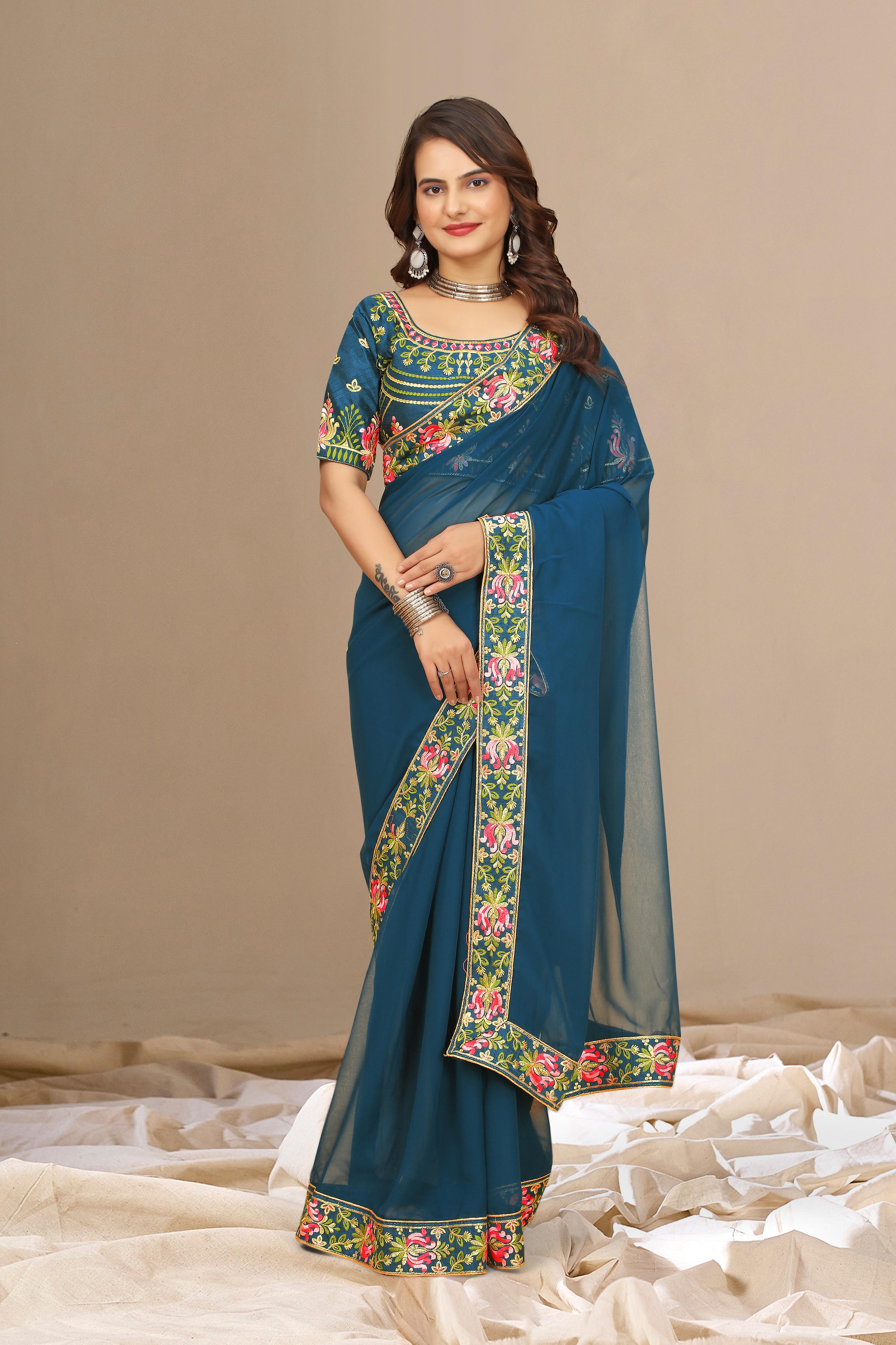 Rama Blue Georgette with Floral Embroidery Lace Border Saree