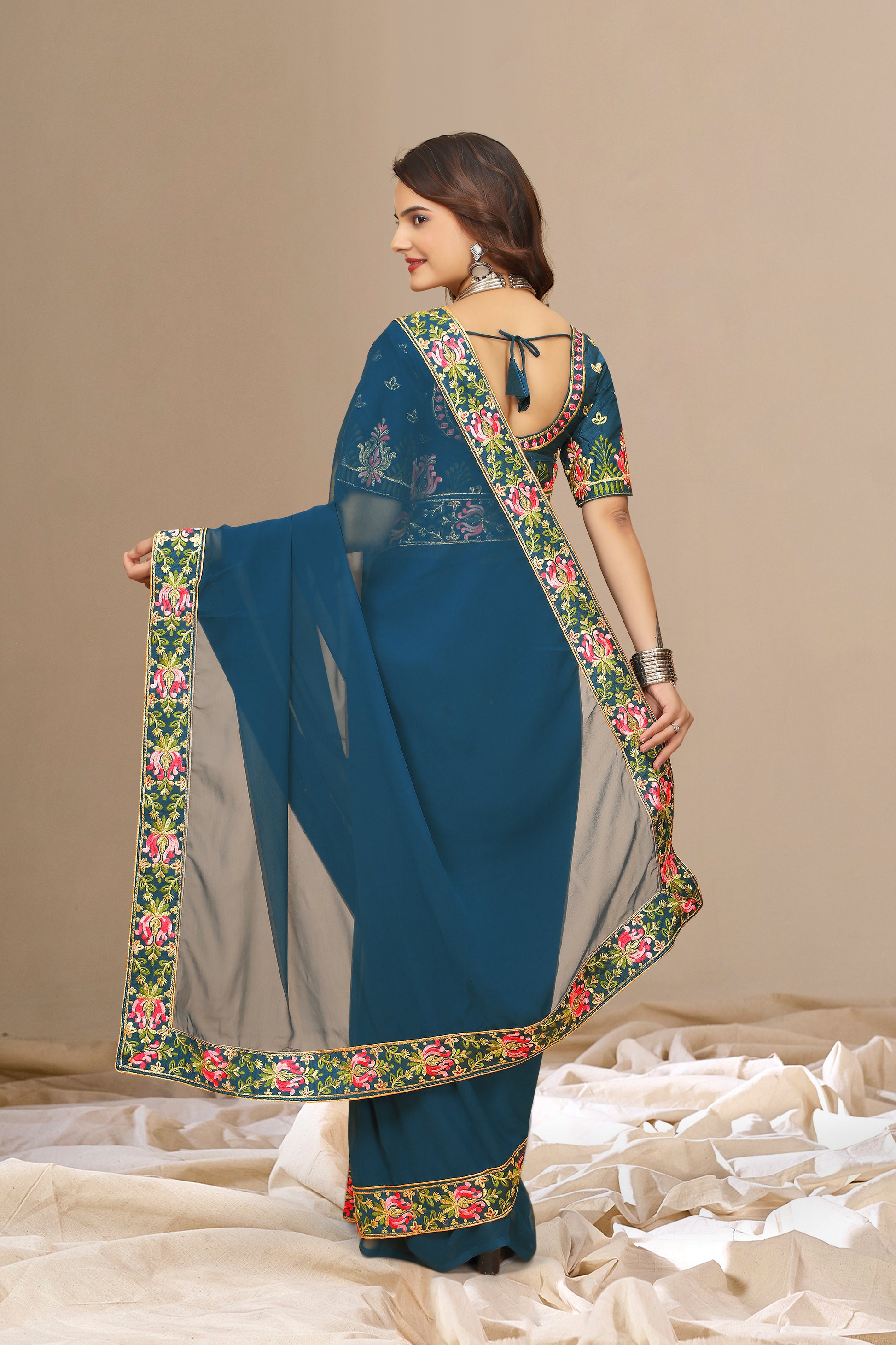New Fancy Embroidered Silk Saree With Blouse