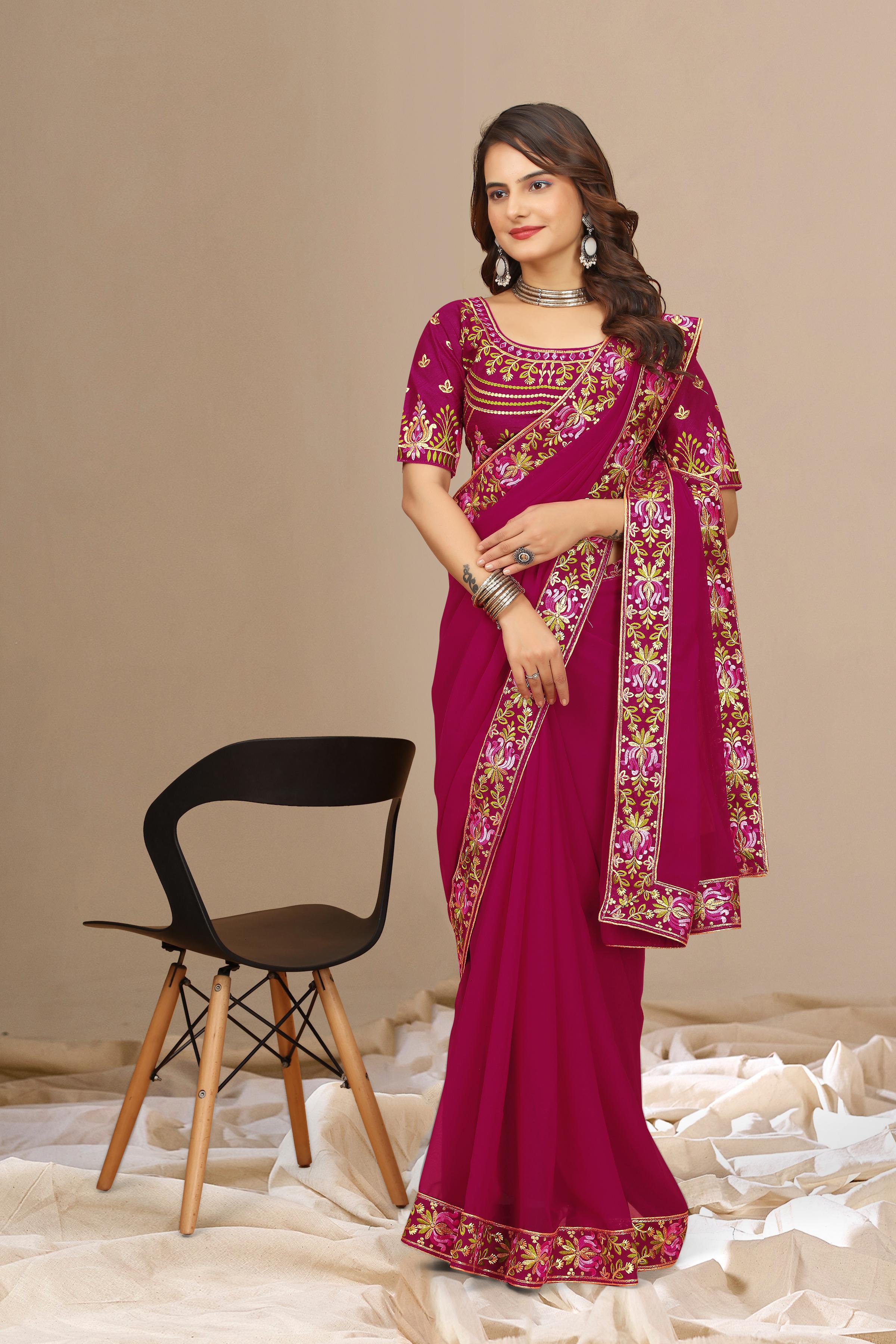 Rani Georgette with Floral Embroidery Lace Border Saree