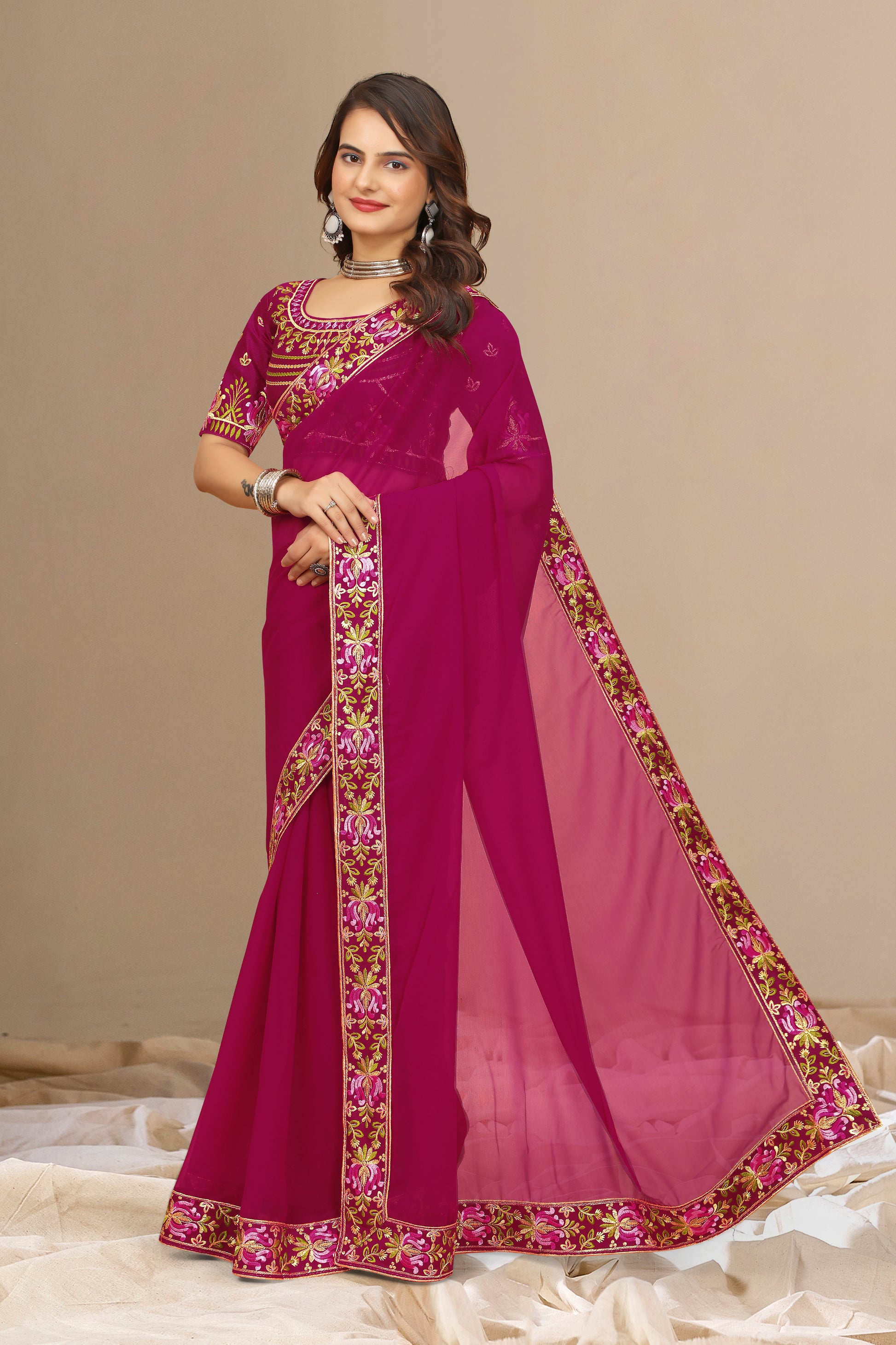 New Fancy Embroidered Silk Saree With Blouse