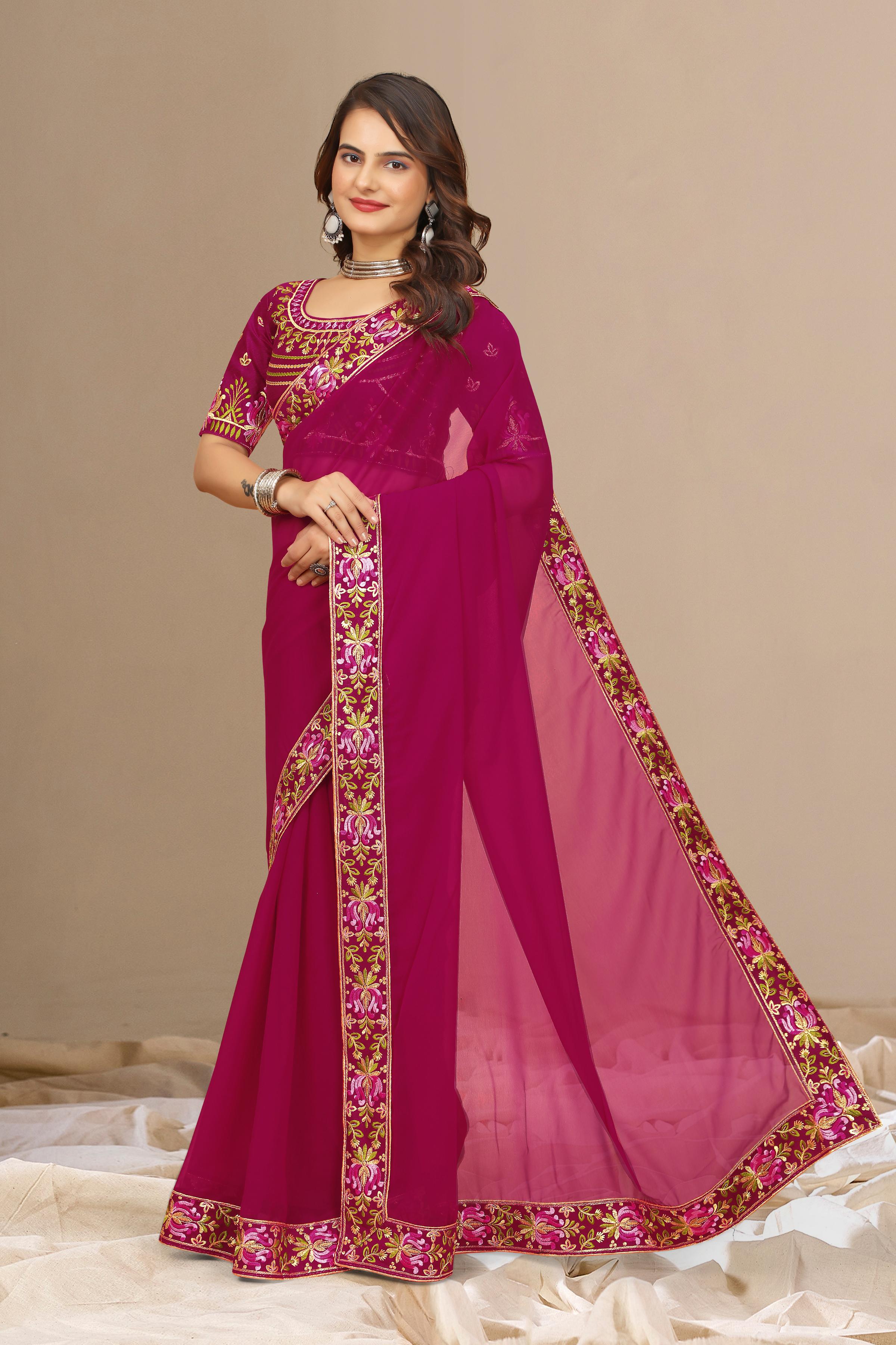 Rani Georgette with Floral Embroidery Lace Border Saree