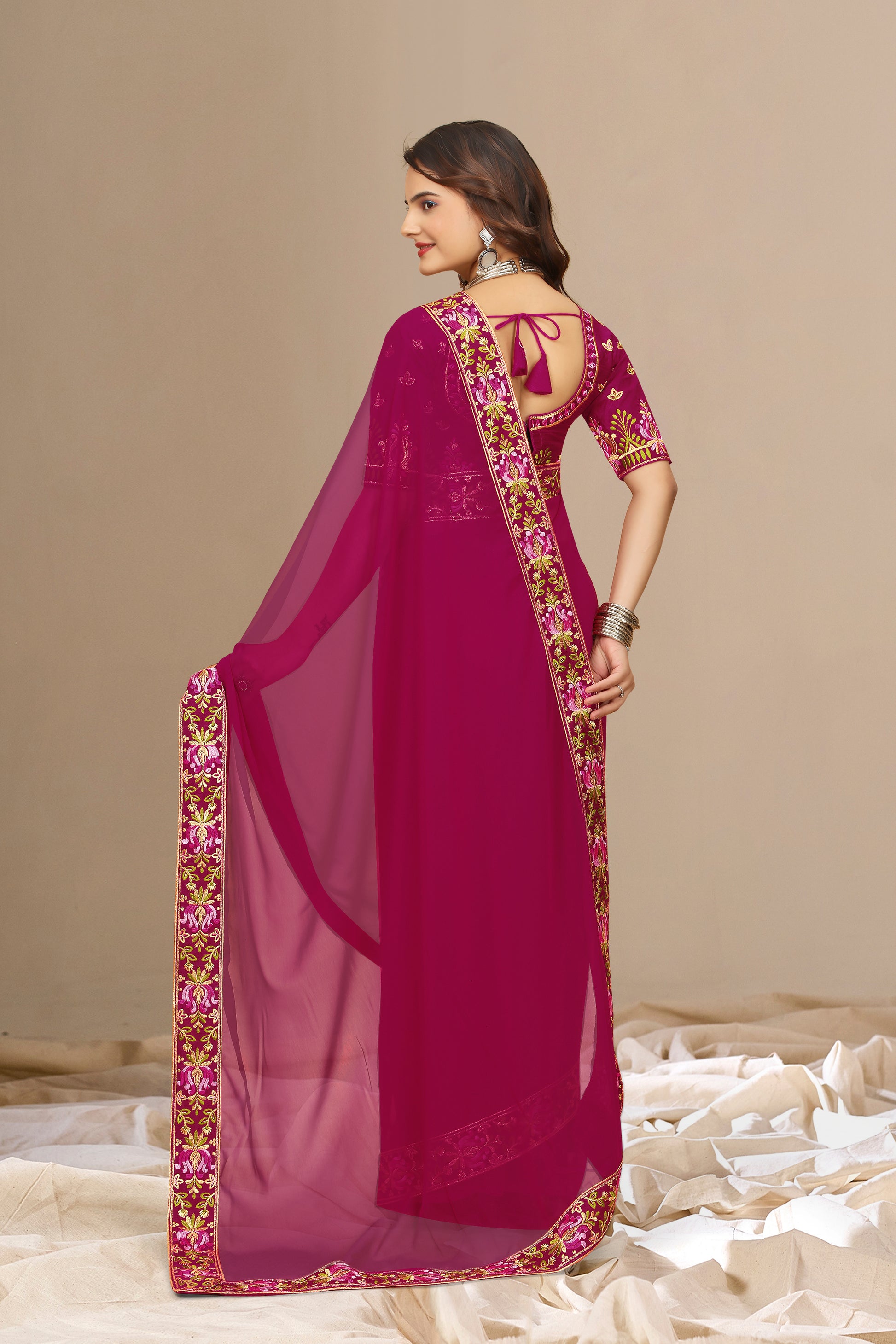 New Fancy Embroidered Silk Saree With Blouse