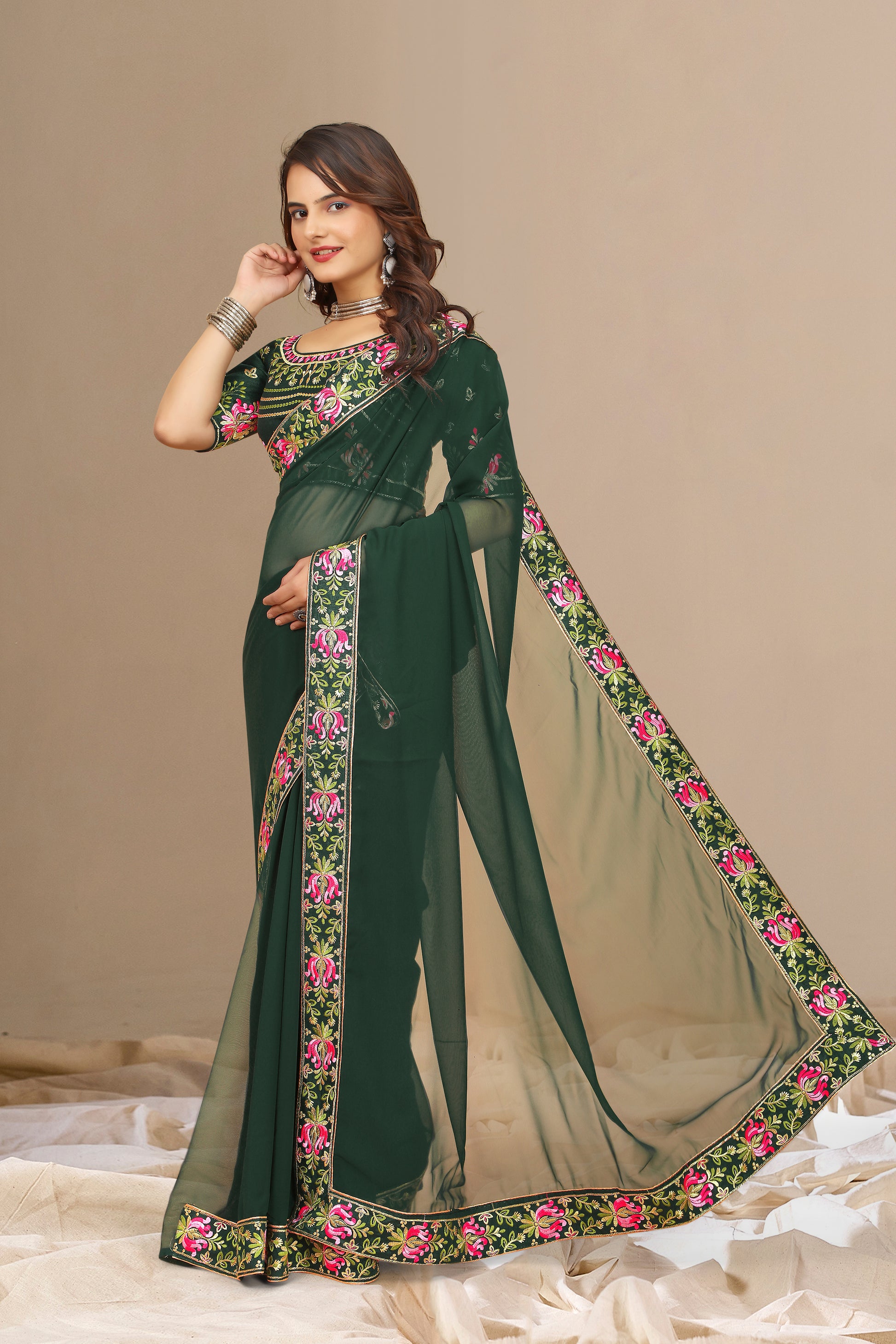 New Fancy Embroidered Silk Saree With Blouse