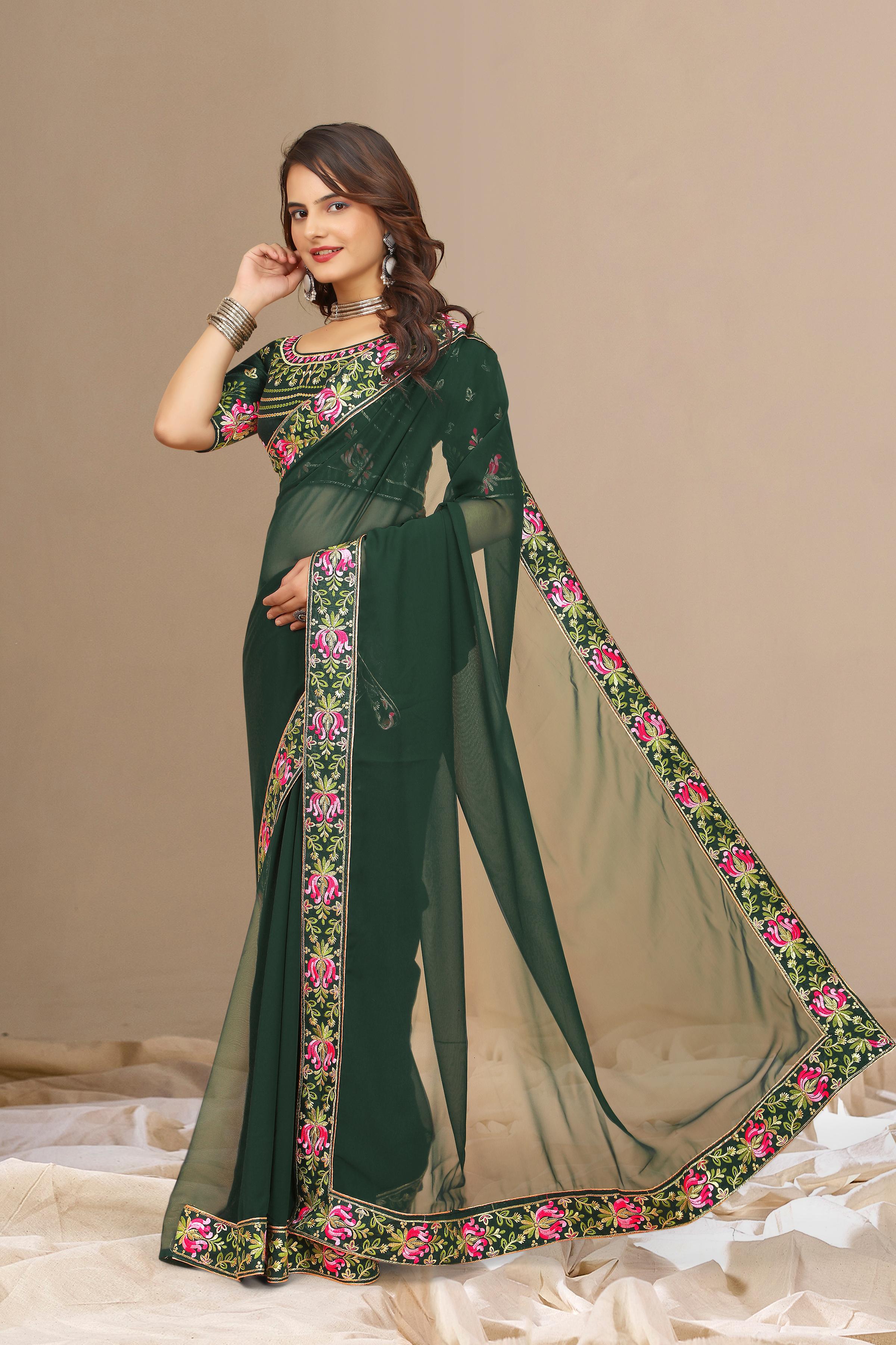 Green Georgette with Floral Embroidery Lace Border Saree