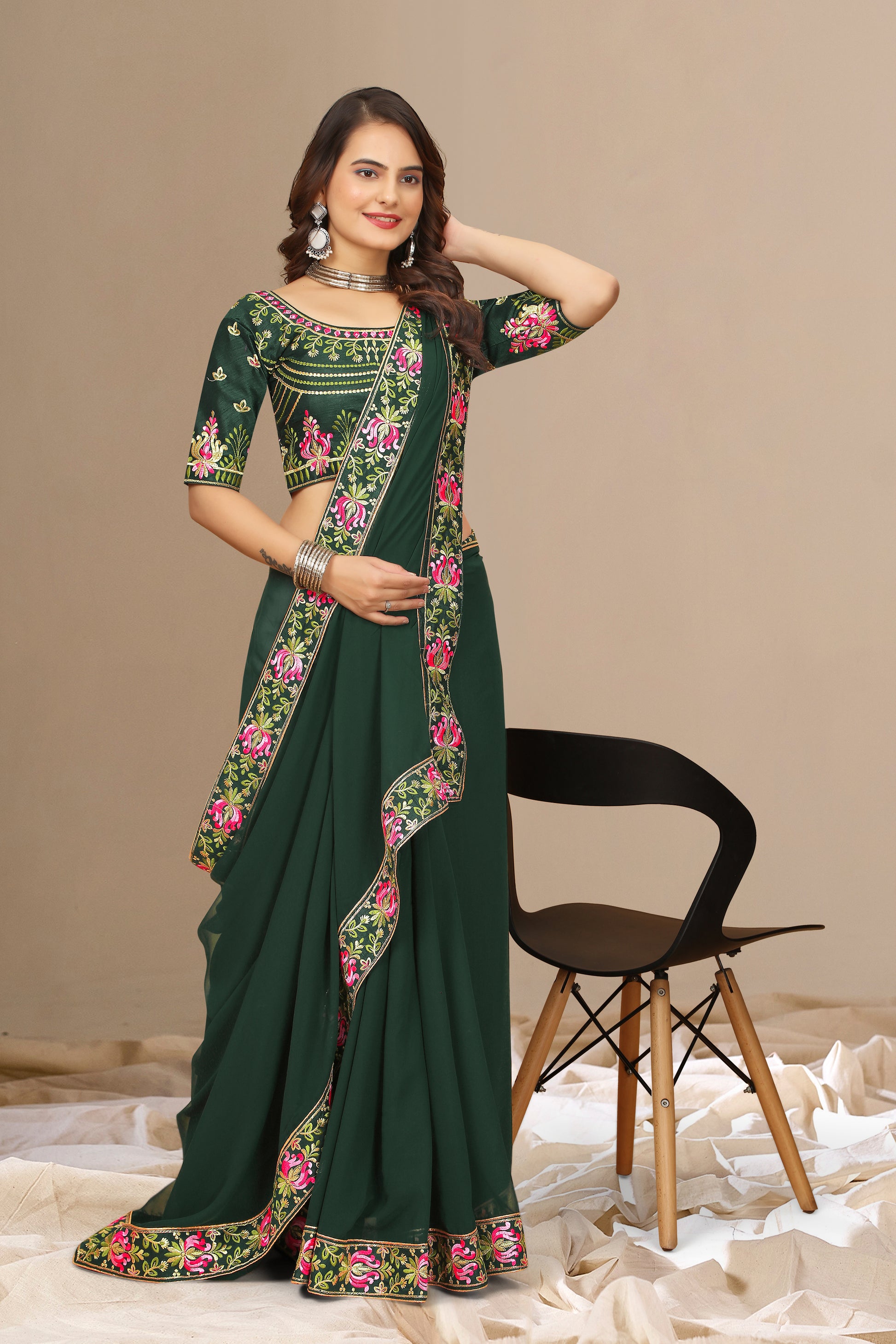 New Fancy Embroidered Silk Saree With Blouse