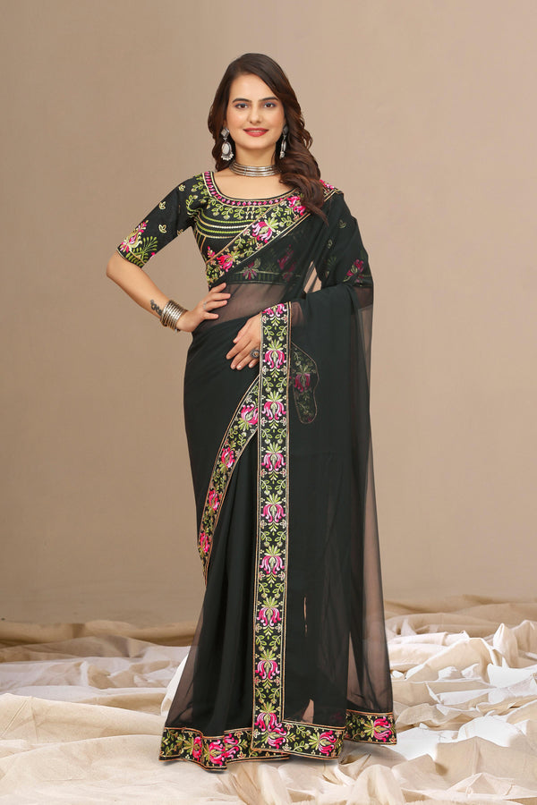 Black Georgette with Floral Embroidery Lace Border Saree