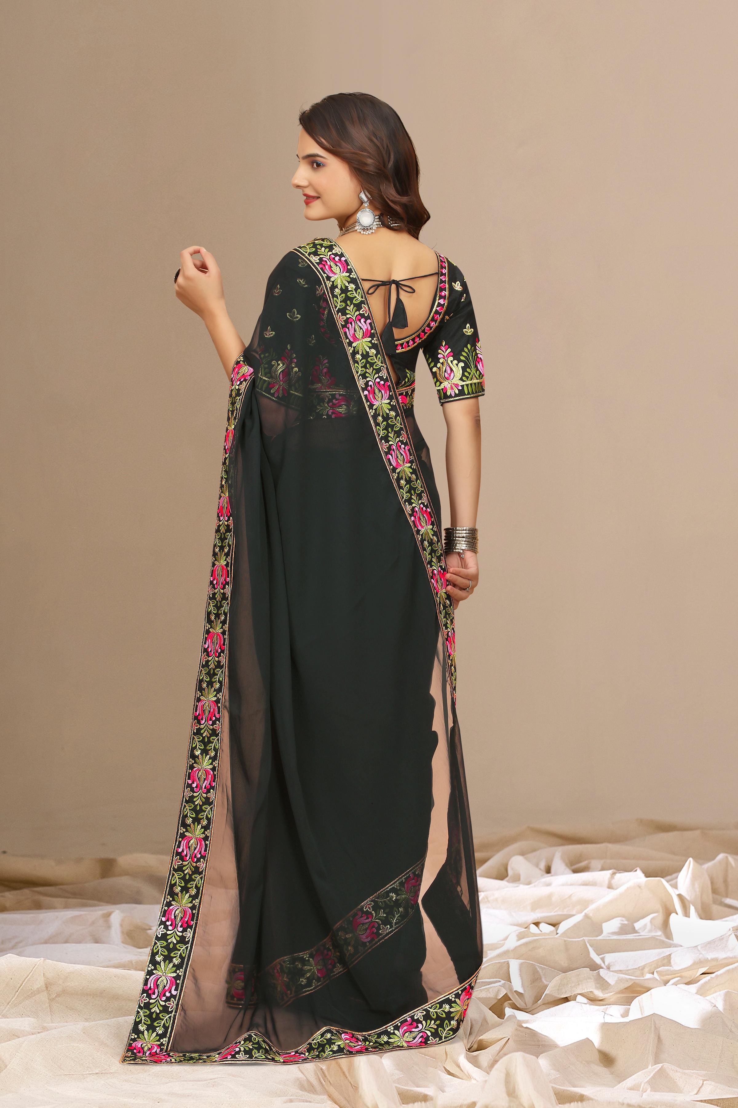 Black Georgette with Floral Embroidery Lace Border Saree