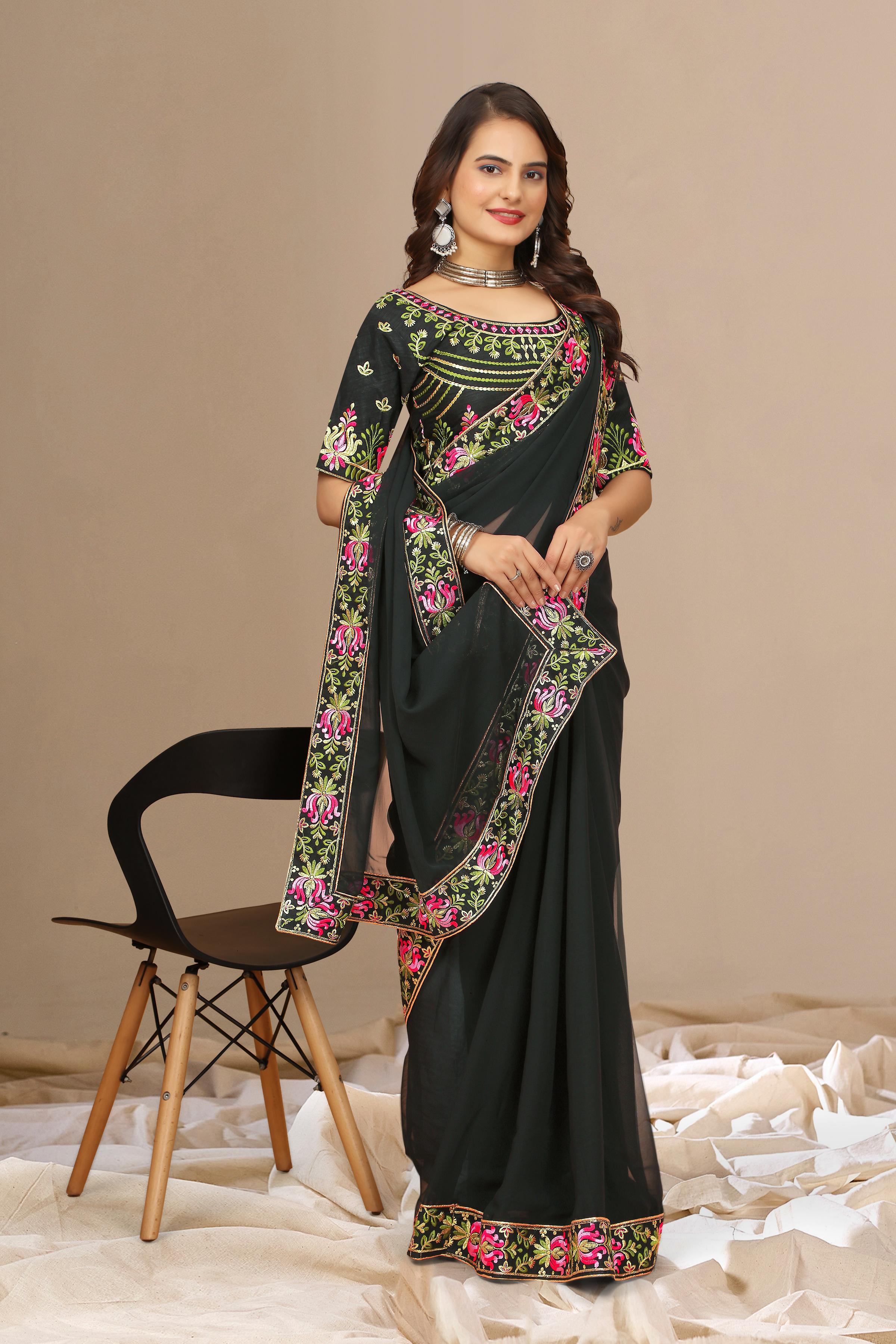 Black Georgette with Floral Embroidery Lace Border Saree