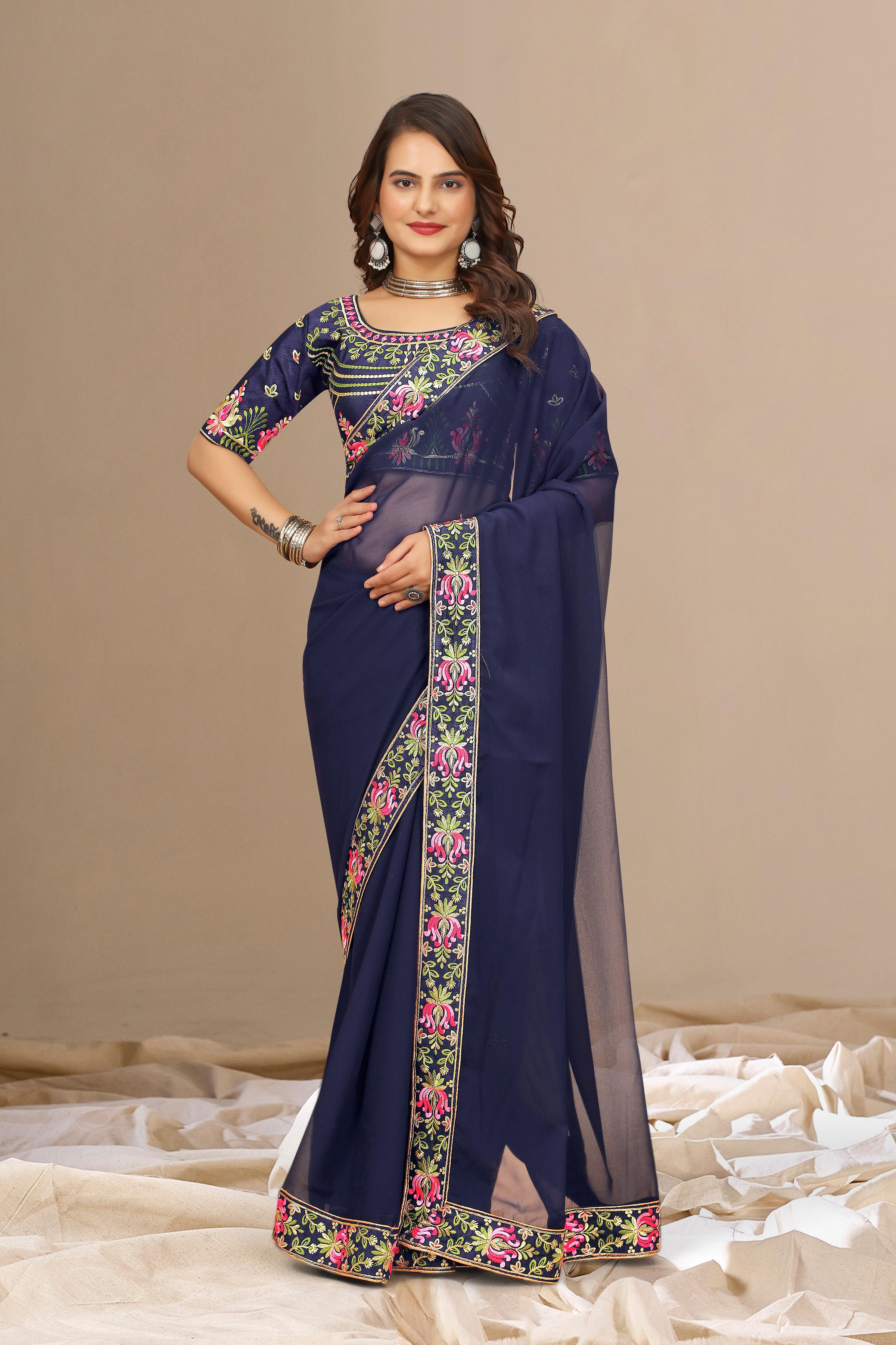Blue Georgette with Floral Embroidery Lace Border Saree