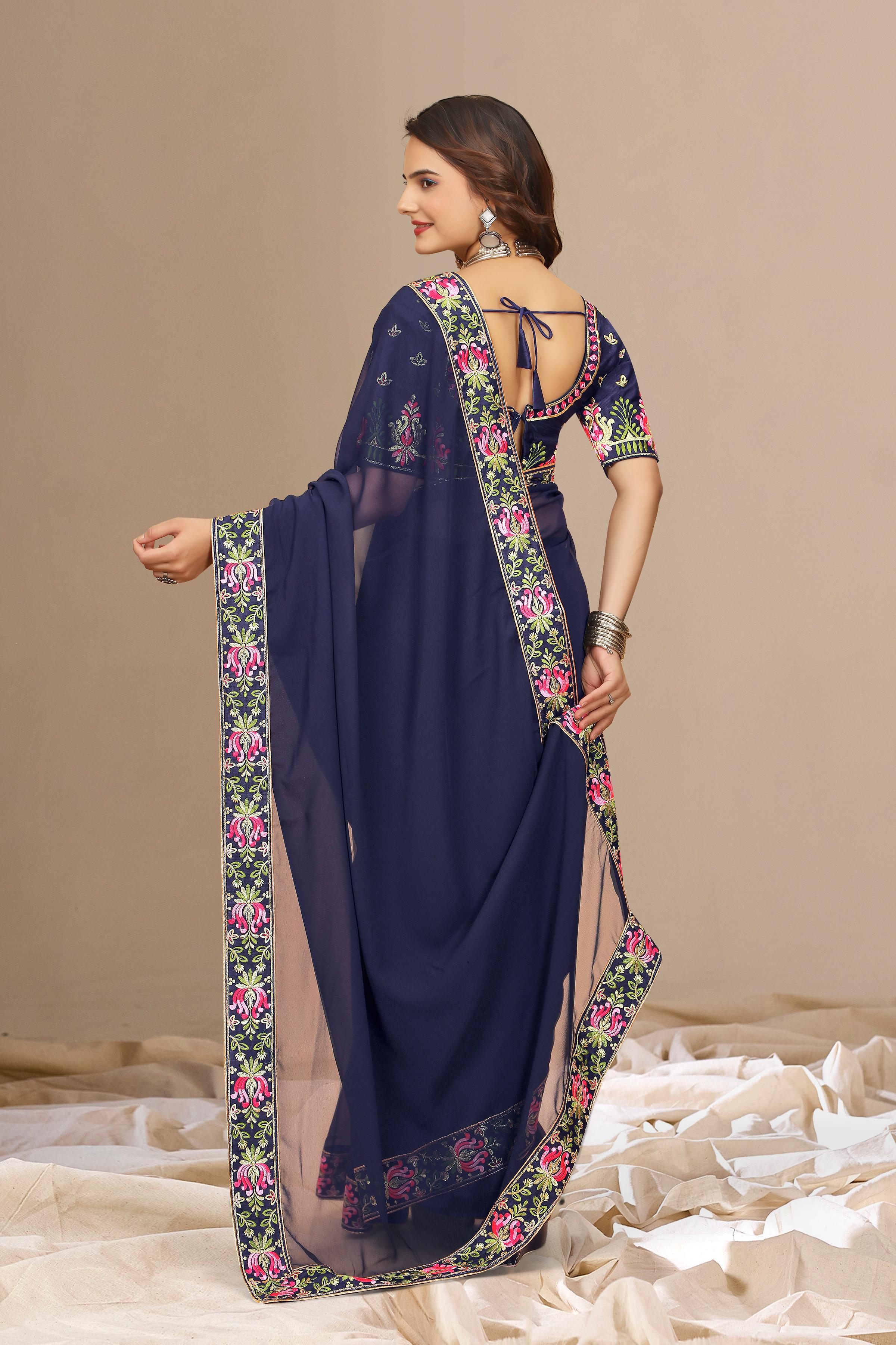 Blue Georgette with Floral Embroidery Lace Border Saree