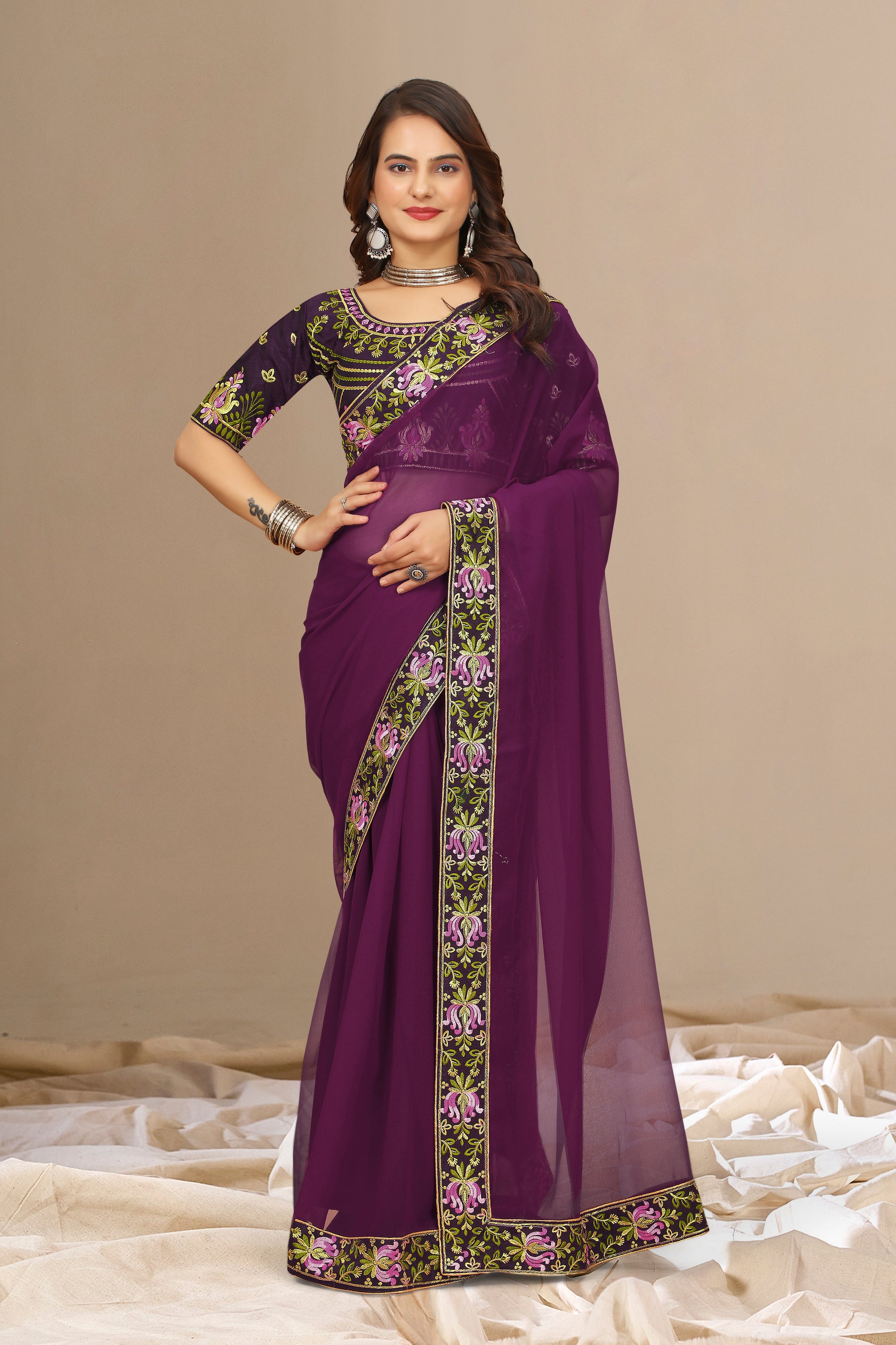 New Fancy Embroidered Silk Saree With Blouse