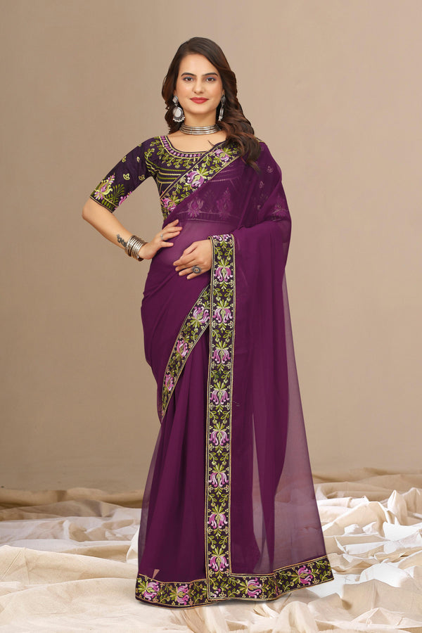 Purple Georgette with Floral Embroidery Lace Border Saree