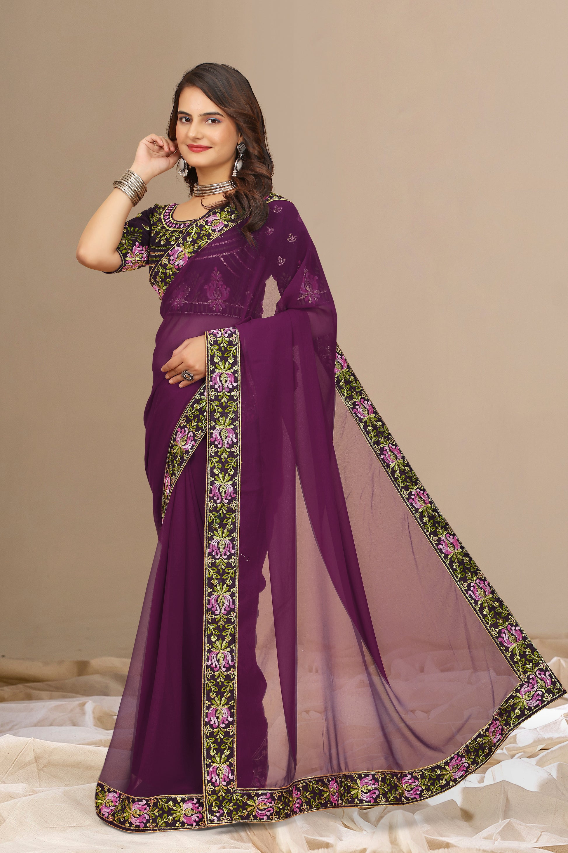 New Fancy Embroidered Silk Saree With Blouse